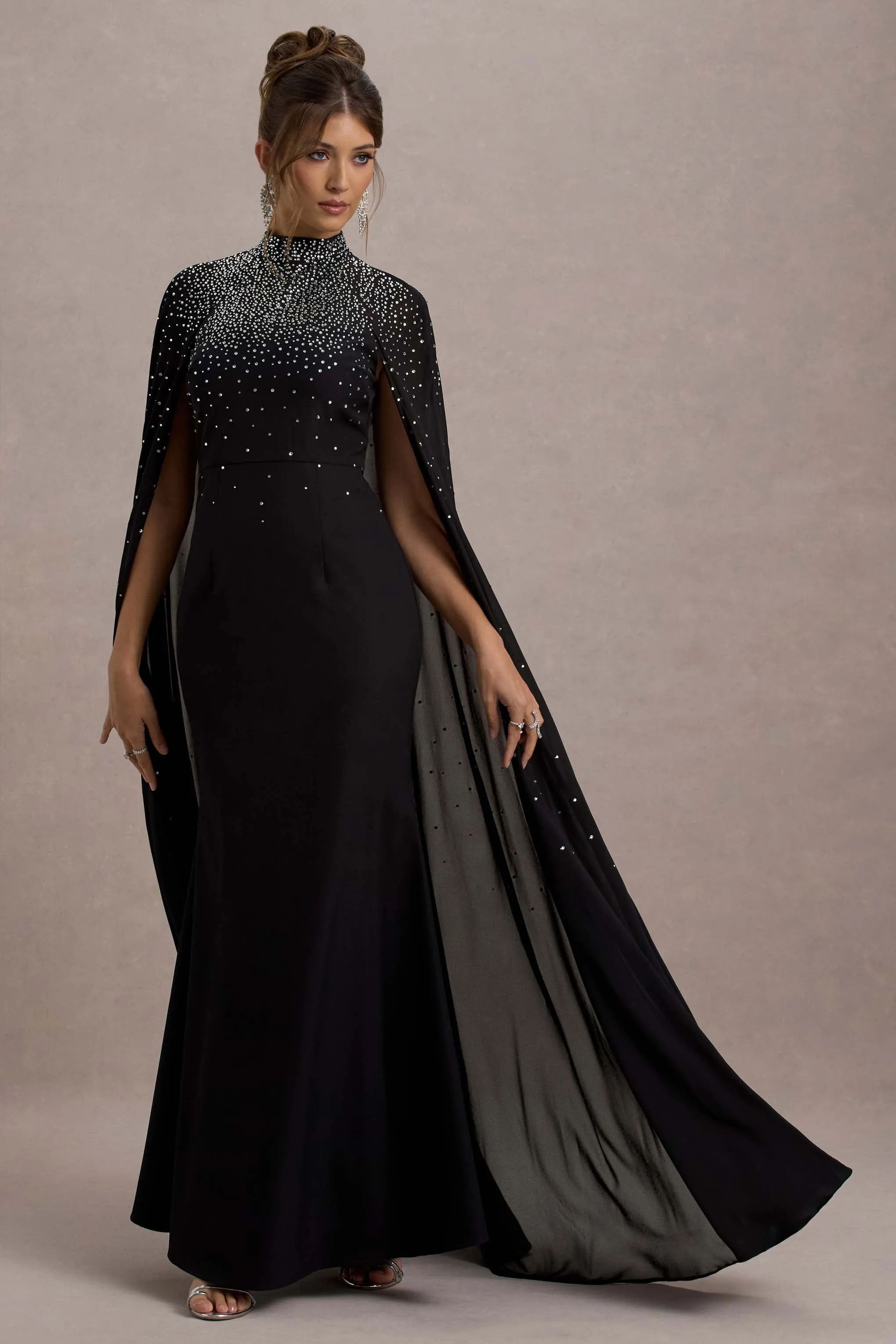 The Shallows | Black Embellished High-Neck Maxi Dress With Chiffon Cape sold by Club L London product image thumbnail 4