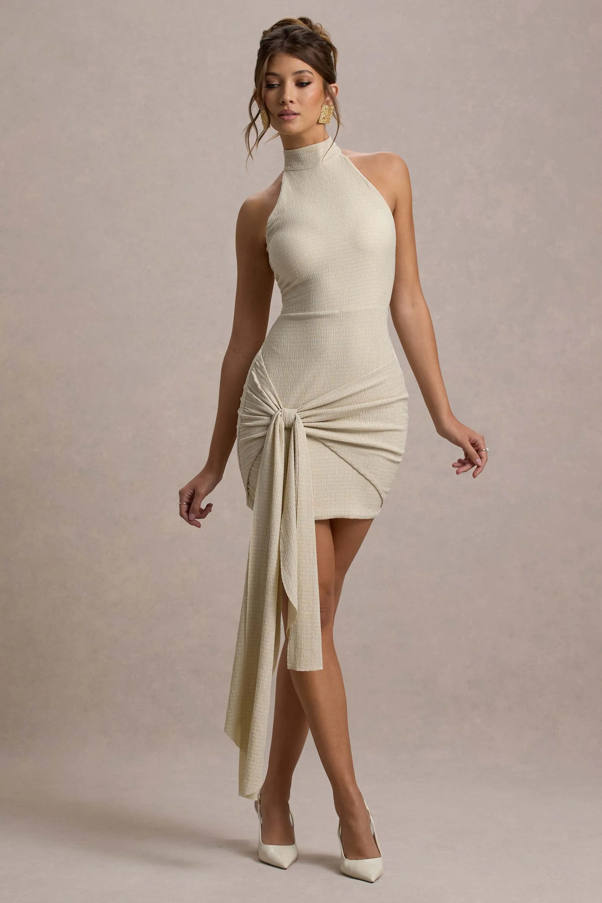 Orinthia | Champagne High-Neck Mini Dress With Wrap Detail sold by Club L London product image thumbnail 5