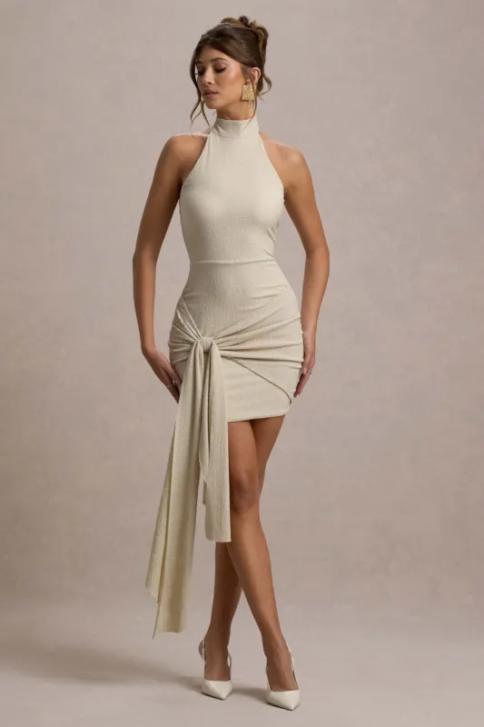 Orinthia | Champagne High-Neck Mini Dress With Wrap Detail sold by Club L London
