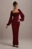 Nika | Berry Satin Square-Neck Balloon-Sleeve Maxi Dress sold by Club L London