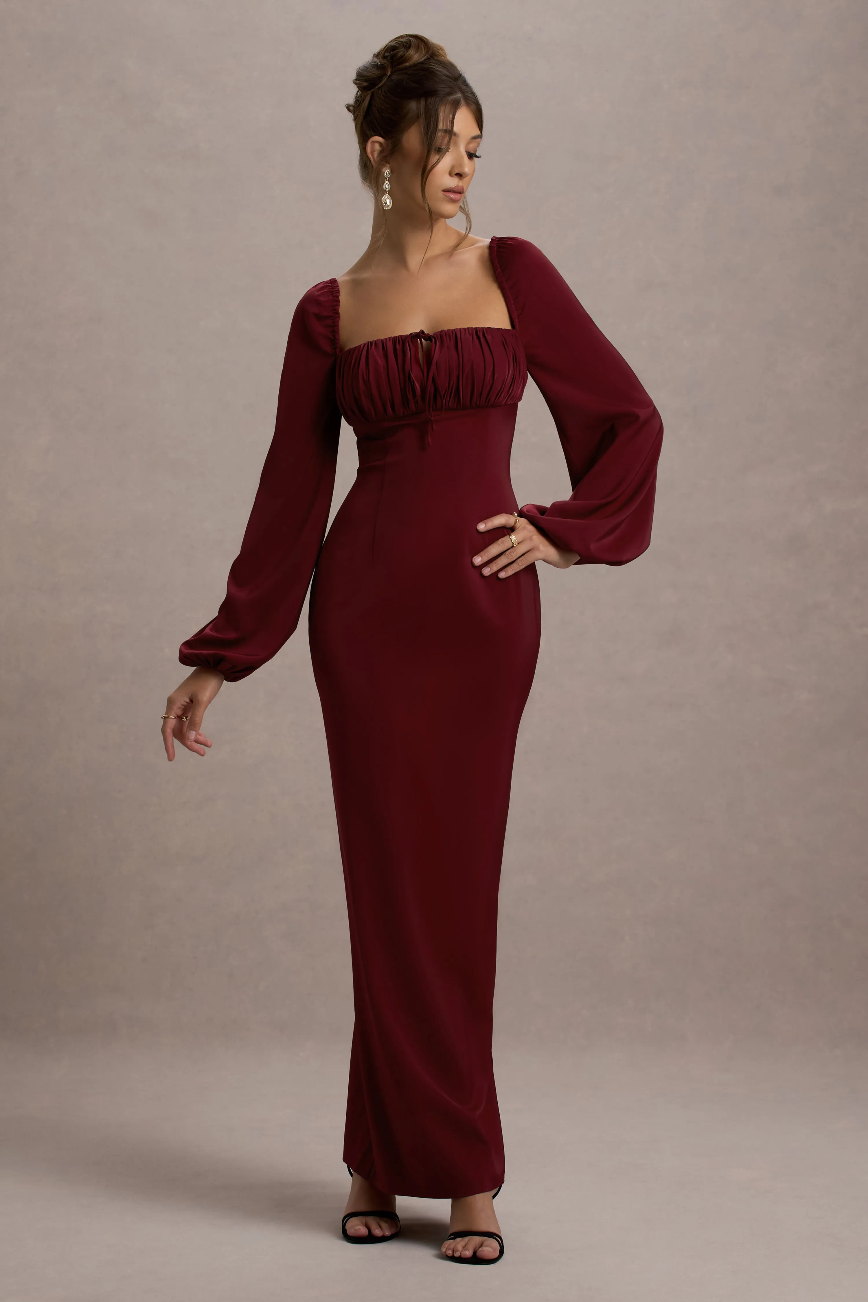 Nika | Berry Satin Square-Neck Balloon-Sleeve Maxi Dress sold by Club L London product image thumbnail 3