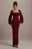 Nika | Berry Satin Square-Neck Balloon-Sleeve Maxi Dress sold by Club L London