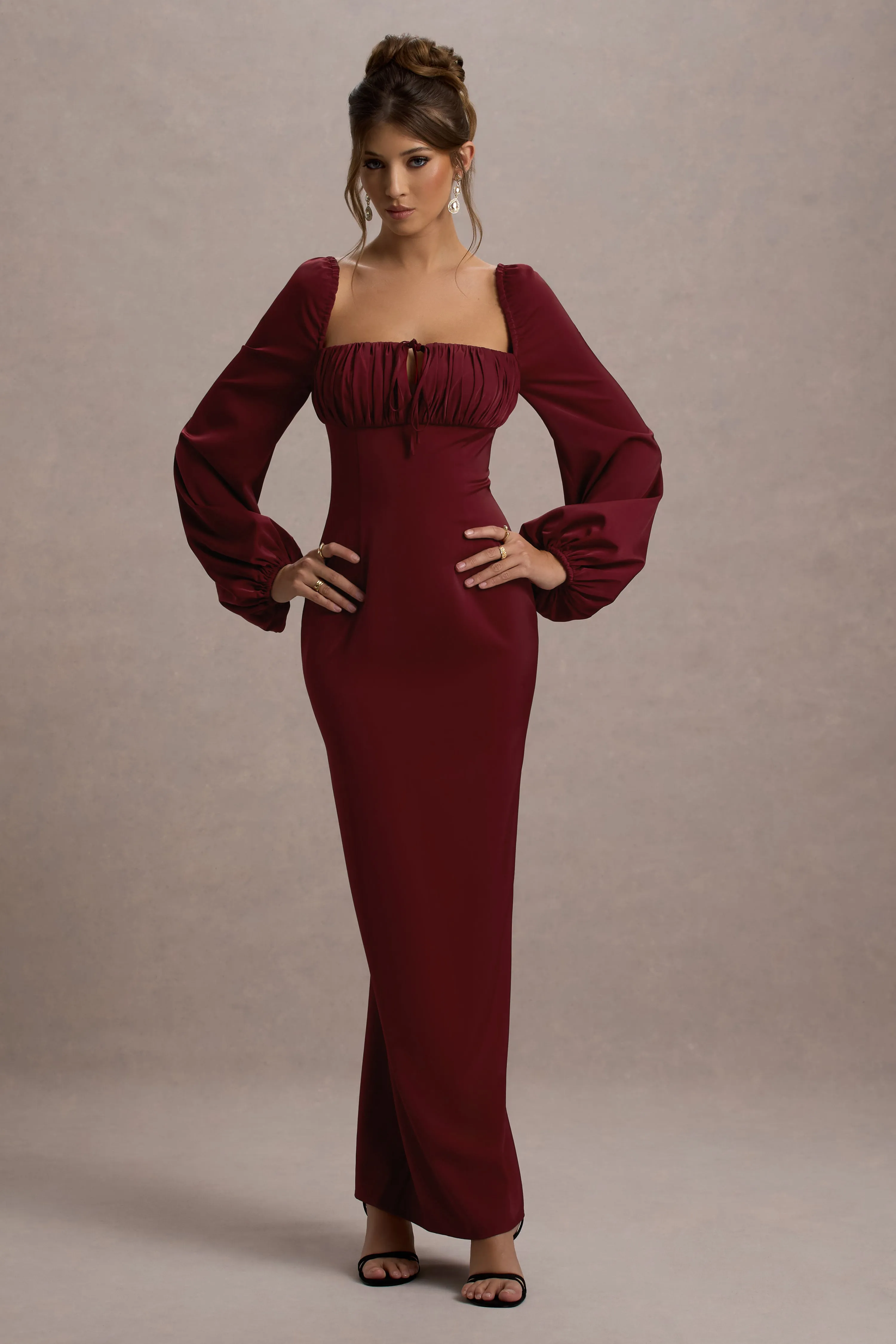 Nika | Berry Satin Square-Neck Balloon-Sleeve Maxi Dress sold by Club L London product image thumbnail 5