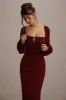 Nika | Berry Satin Square-Neck Balloon-Sleeve Maxi Dress sold by Club L London