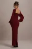 Nika | Berry Satin Square-Neck Balloon-Sleeve Maxi Dress sold by Club L London