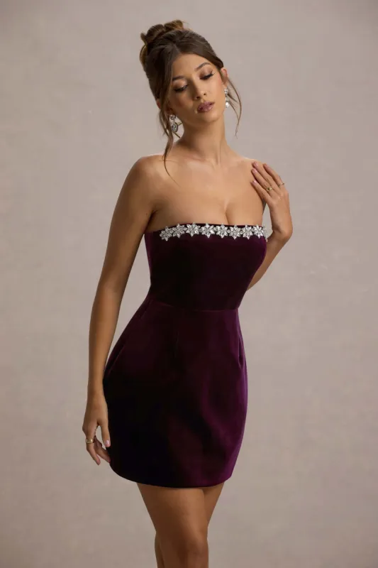 Naia | Port Velvet Embellished Bandeau Mini Dress sold by Club L London