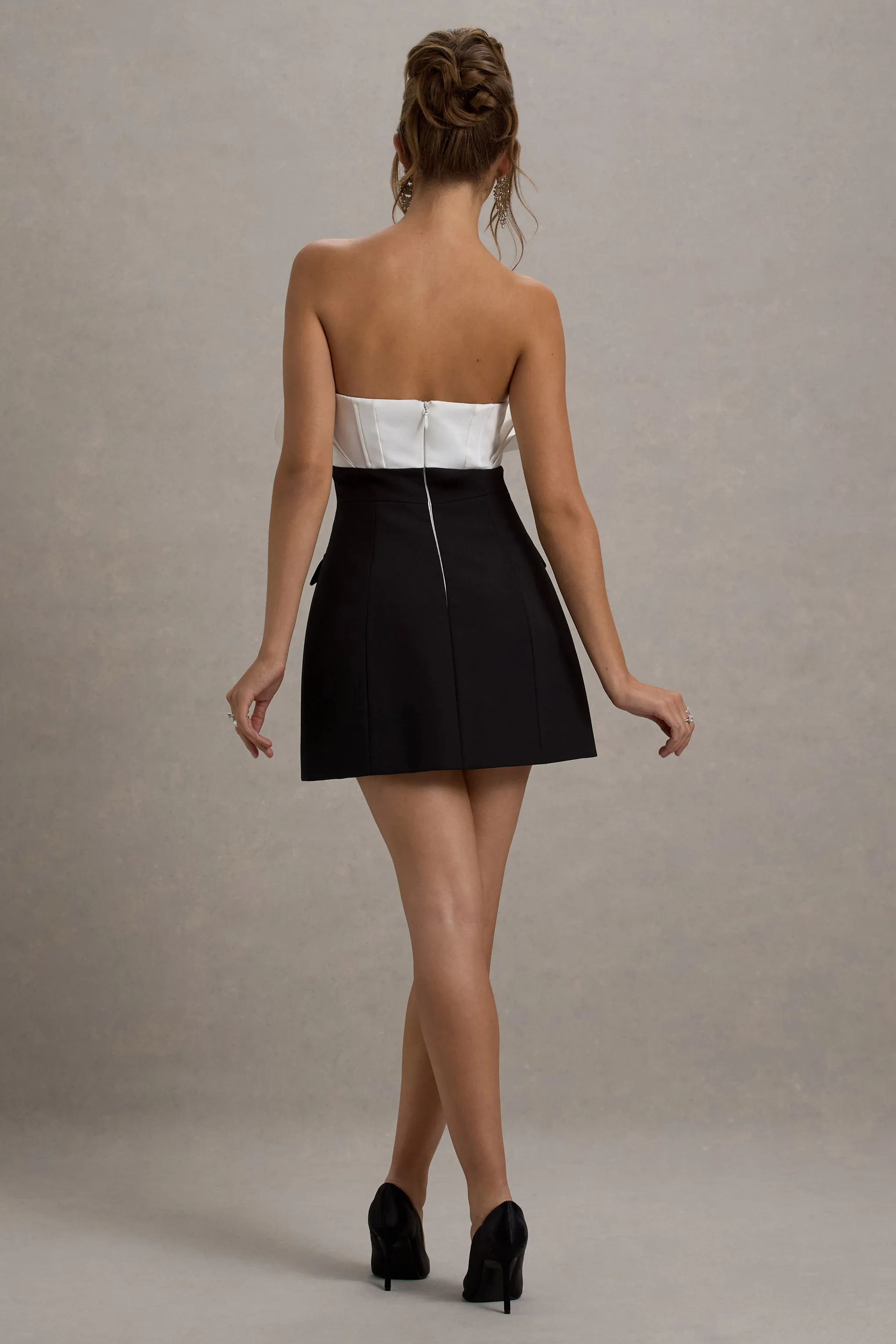 Clare | Black & White Ruffled Strapless Tailored Mini Dress sold by Club L London product image thumbnail 2