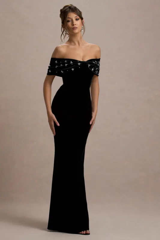 West End | Black Velvet Embellished Bardot Maxi Dress sold by Club L London