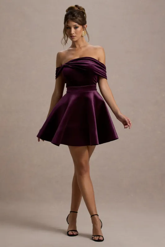 Dede | Port Velvet Bow Bardot Skater Mini Dress sold by Club L London