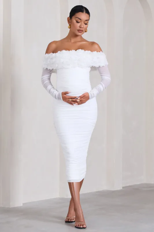 Adita | White Mesh Floral Bardot Maternity Midi Dress sold by Club L London
