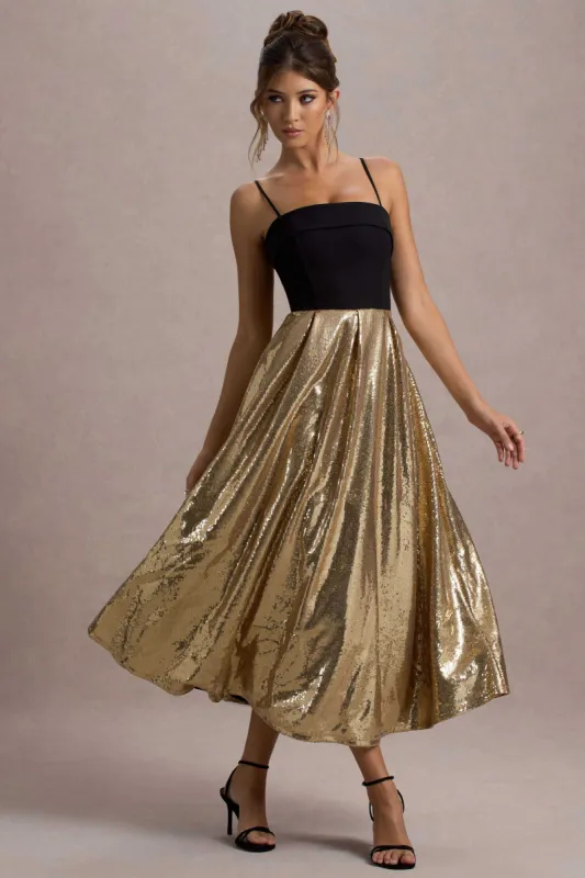 Nicci | Black & Gold Strappy Midi Dress With Sequin Skirt sold by Club L London