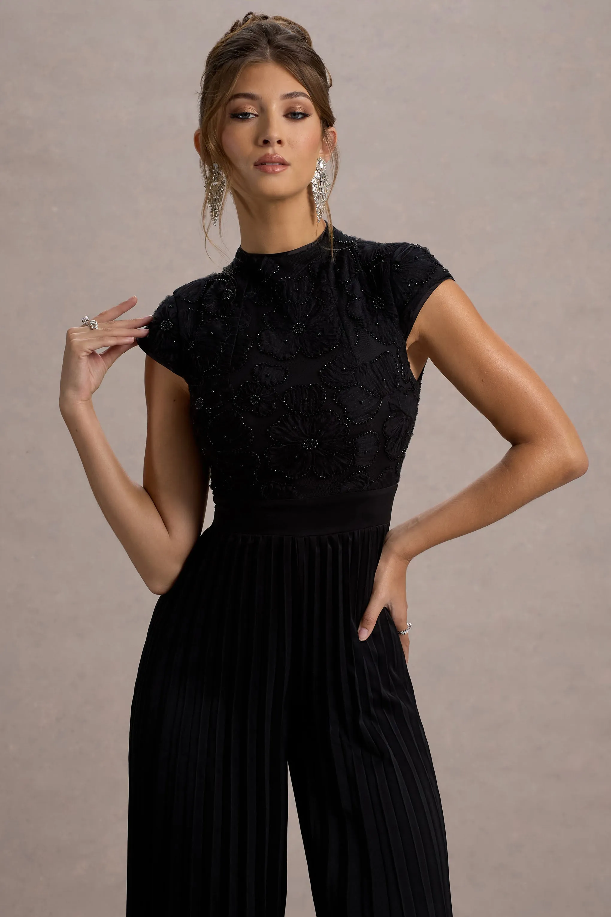 Tanner | Black Cap-Sleeve Plisse Wide-Leg Jumpsuit sold by Club L London product image thumbnail 4