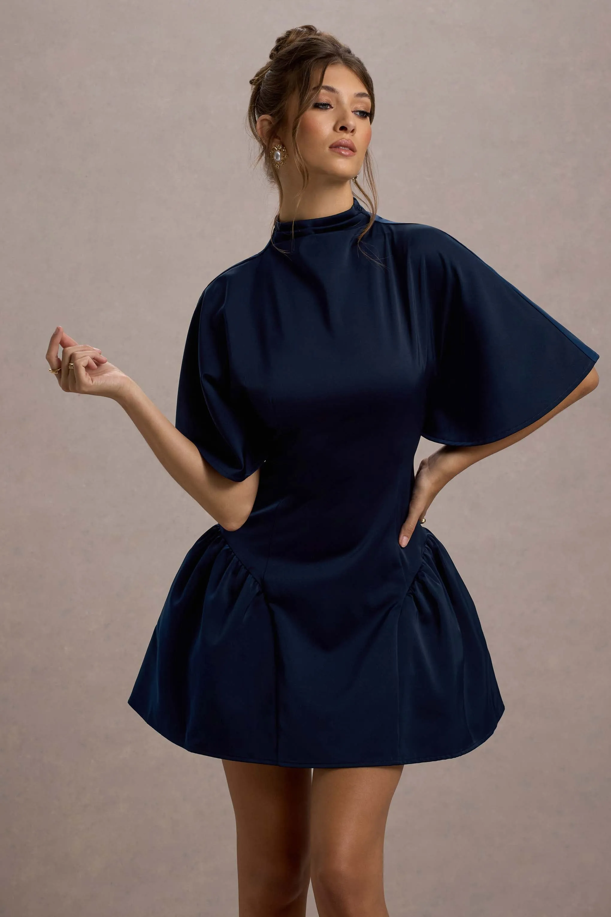 Alva | Navy High-Neck Short-Sleeve Mini Dress With Volume Skirt sold by Club L London product image thumbnail 3