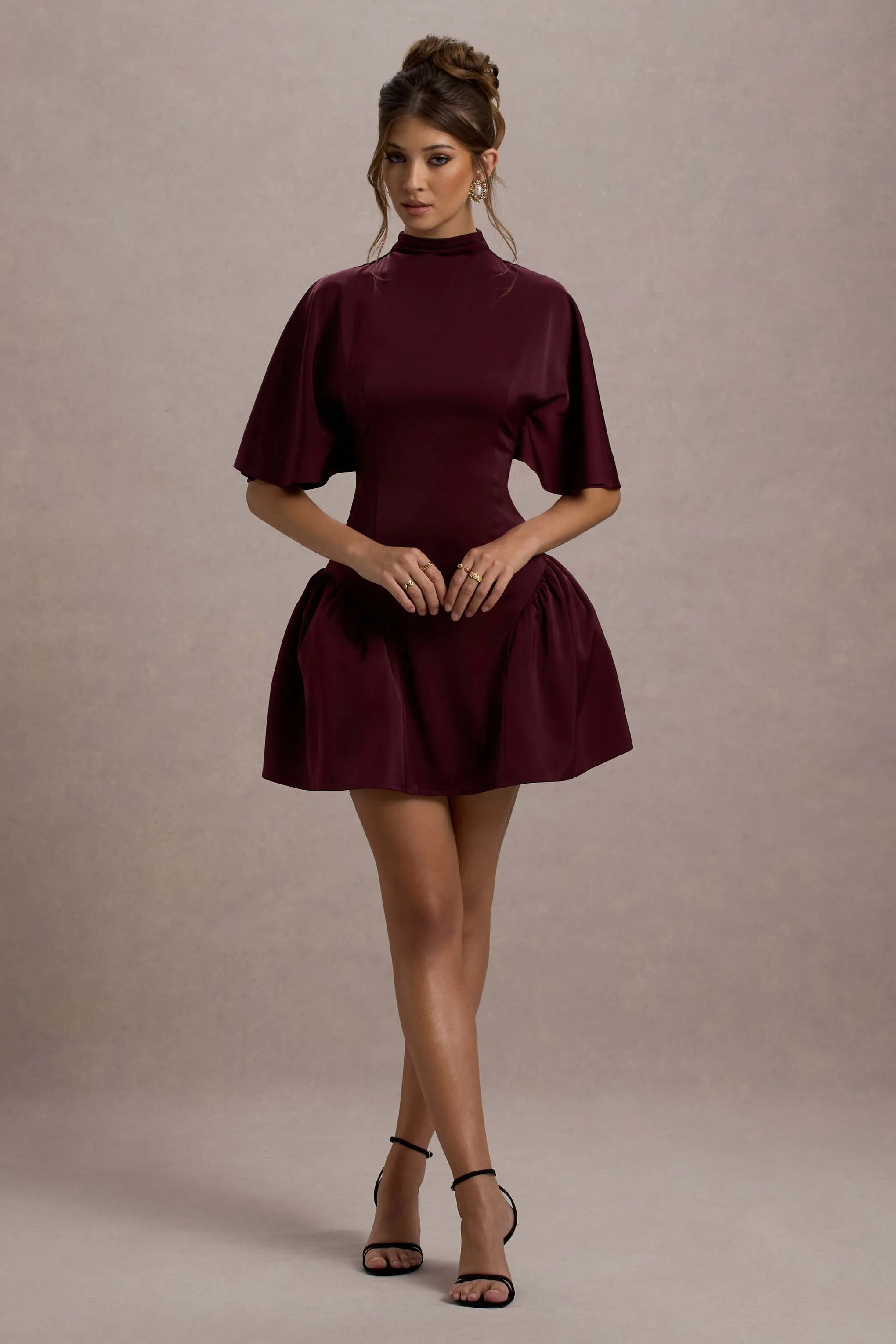 Alva | Burgundy High-Neck Short-Sleeve Mini Dress With Volume Skirt sold by Club L London