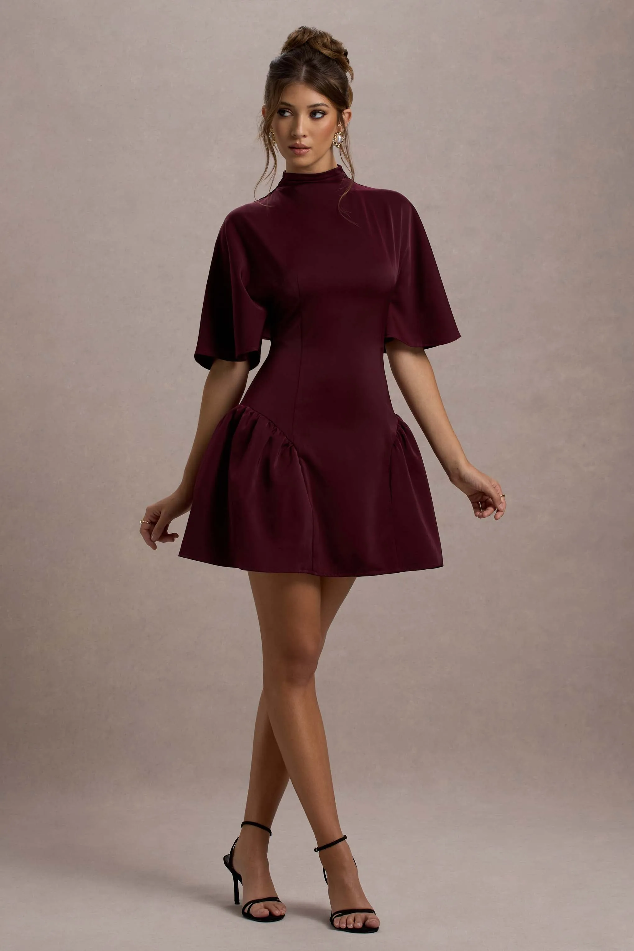 Alva | Burgundy High-Neck Short-Sleeve Mini Dress With Volume Skirt sold by Club L London product image thumbnail 4