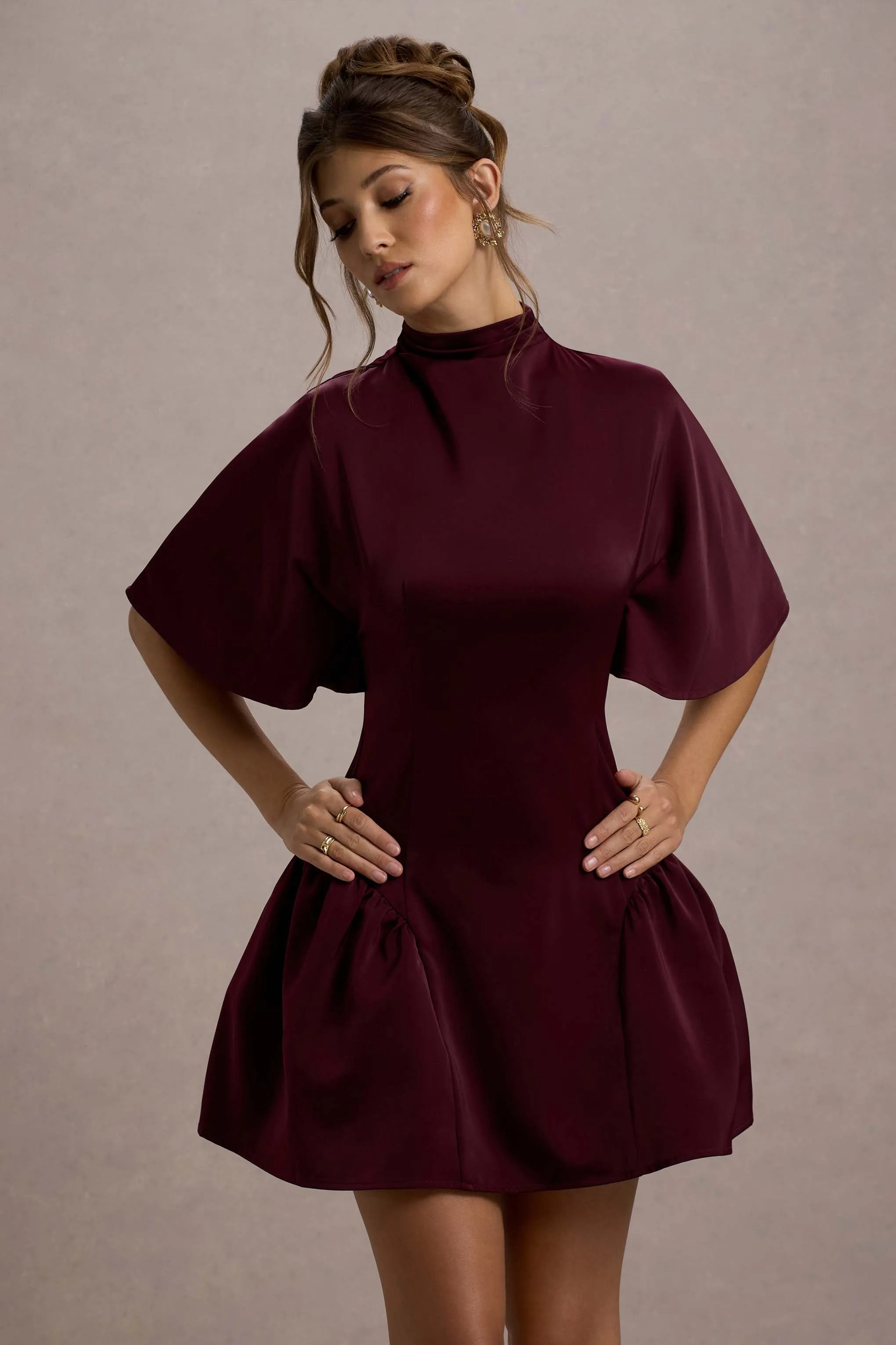 Alva | Burgundy High-Neck Short-Sleeve Mini Dress With Volume Skirt sold by Club L London product image thumbnail 3
