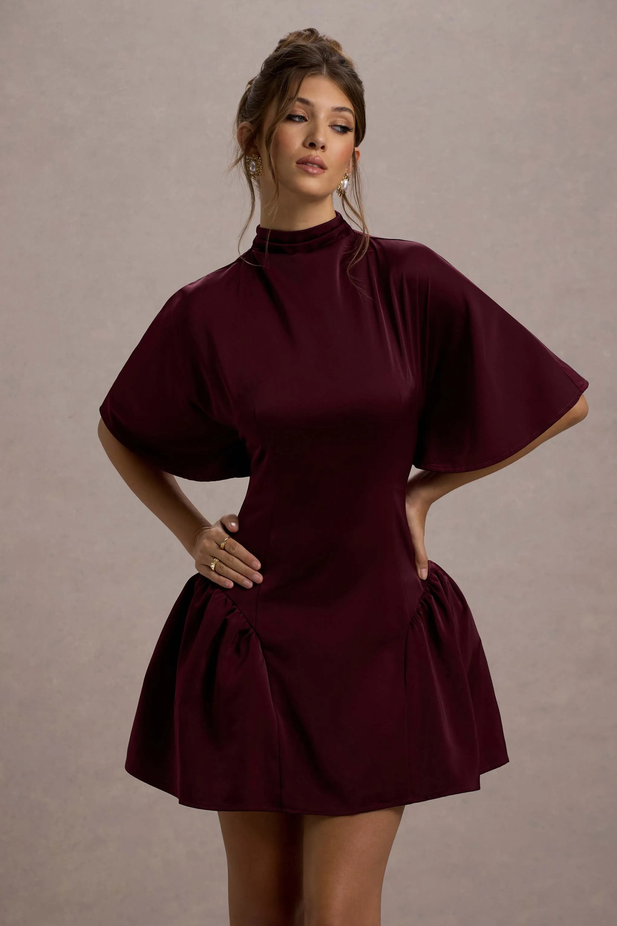 Alva | Burgundy High-Neck Short-Sleeve Mini Dress With Volume Skirt sold by Club L London product image thumbnail 5