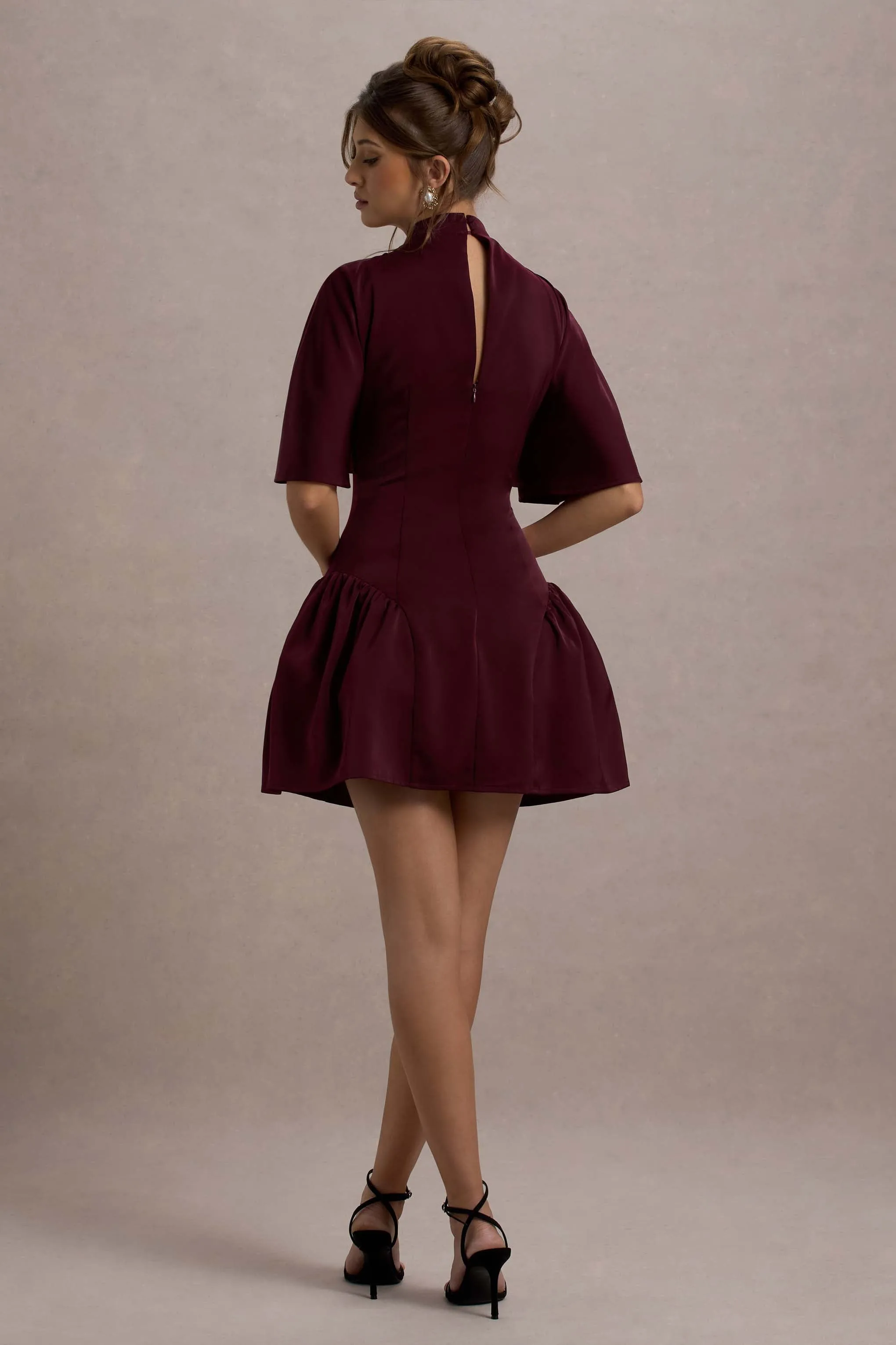 Alva | Burgundy High-Neck Short-Sleeve Mini Dress With Volume Skirt sold by Club L London product image thumbnail 2