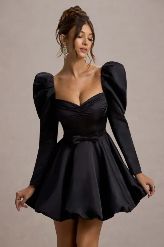 Murphy | Black Satin Belted Mini Dress With Puff Sleeves sold by Club L London