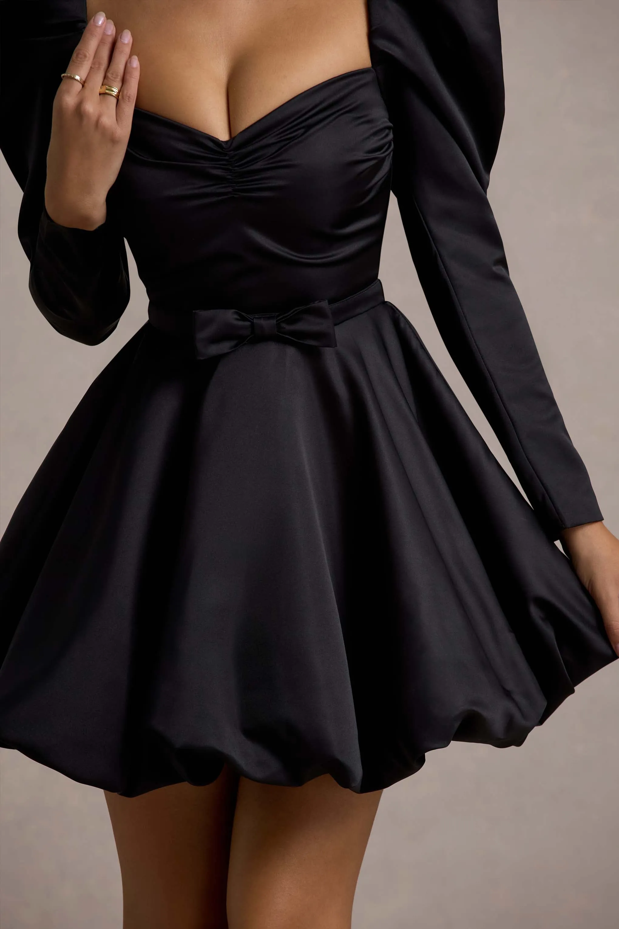 Murphy | Black Satin Belted Mini Dress With Puff Sleeves sold by Club L London product image thumbnail 3