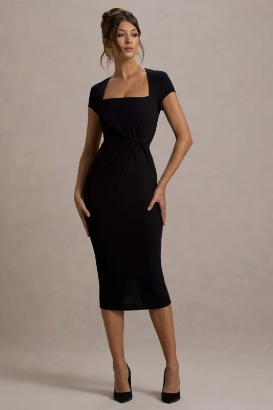 Lorenzie | Black Square-Neck Short-Sleeve Twist Midi Dress sold by Club L London