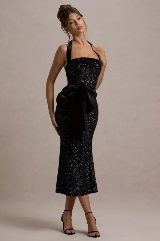 Adee | Black Sequin Velvet Halter-Neck Midi Dress With Bow sold by Club L London