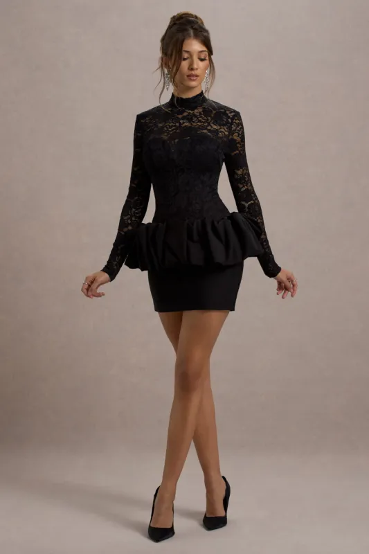 Antheia | Black Lace Long-Sleeve Peplum Mini Dress sold by Club L London