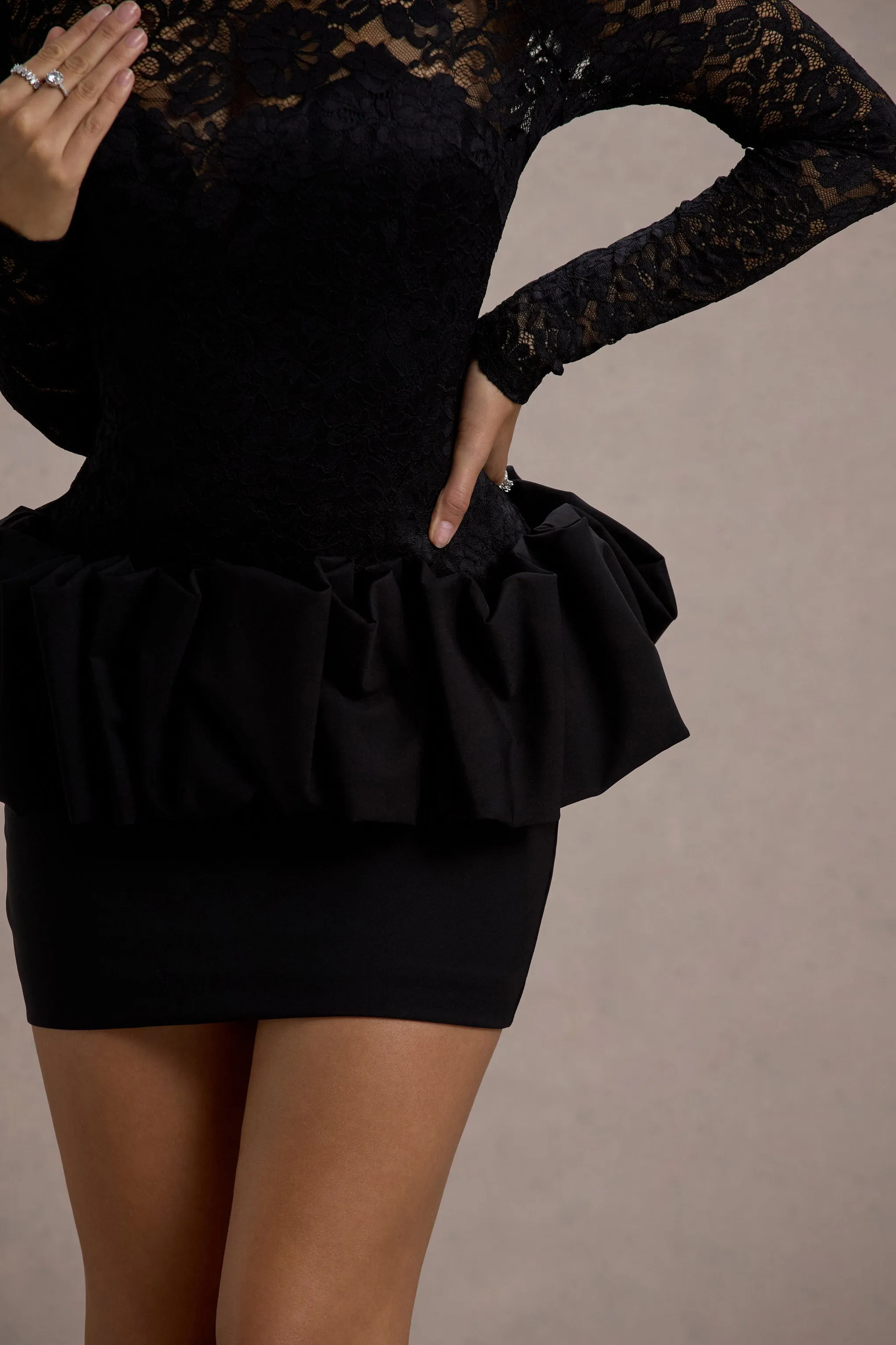 Antheia | Black Lace Long-Sleeve Peplum Mini Dress sold by Club L London product image thumbnail 5