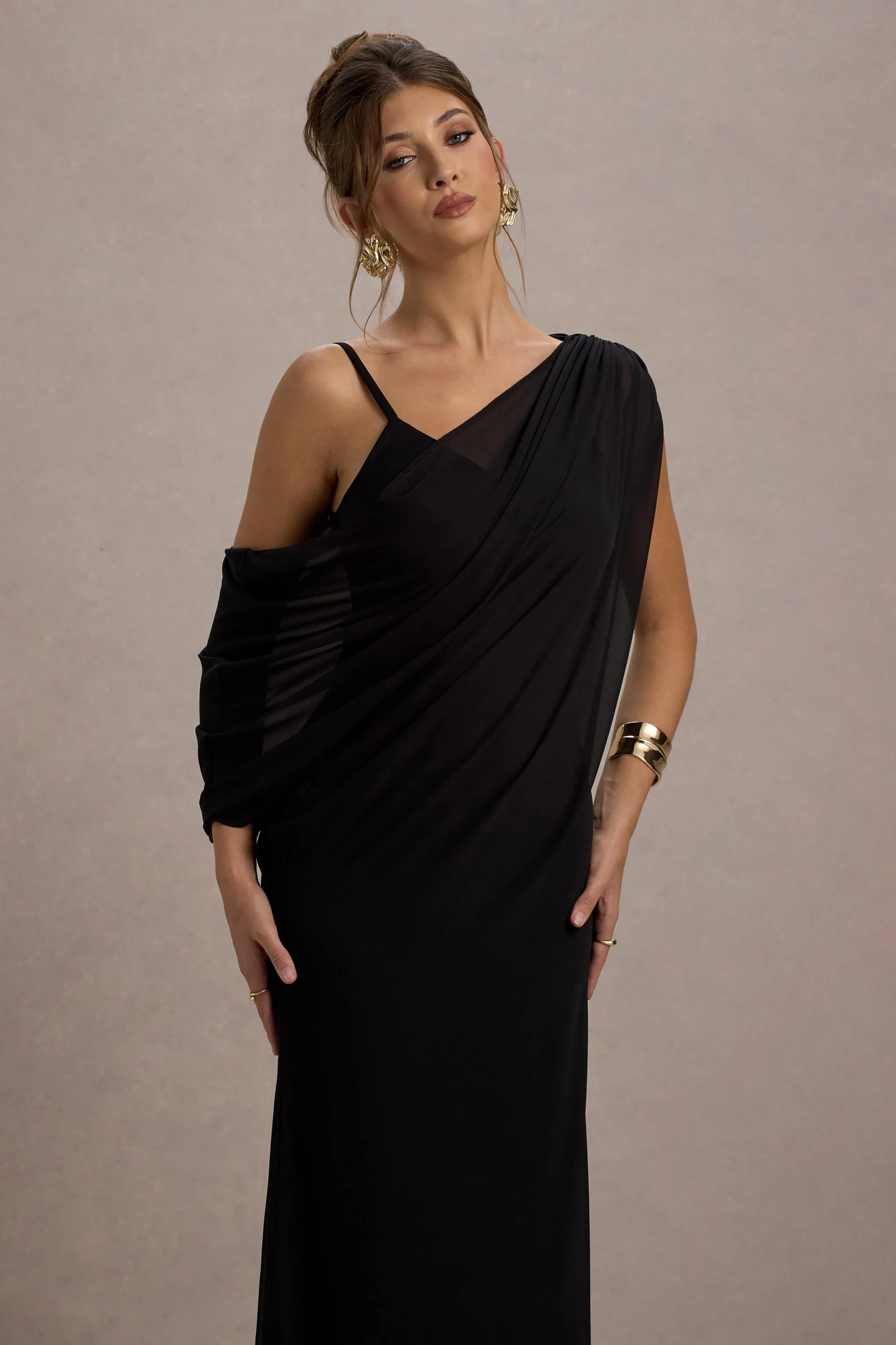 Aeliana | Black Strappy V-Neck Maxi Dress With Chiffon Sash sold by Club L London product image thumbnail 3