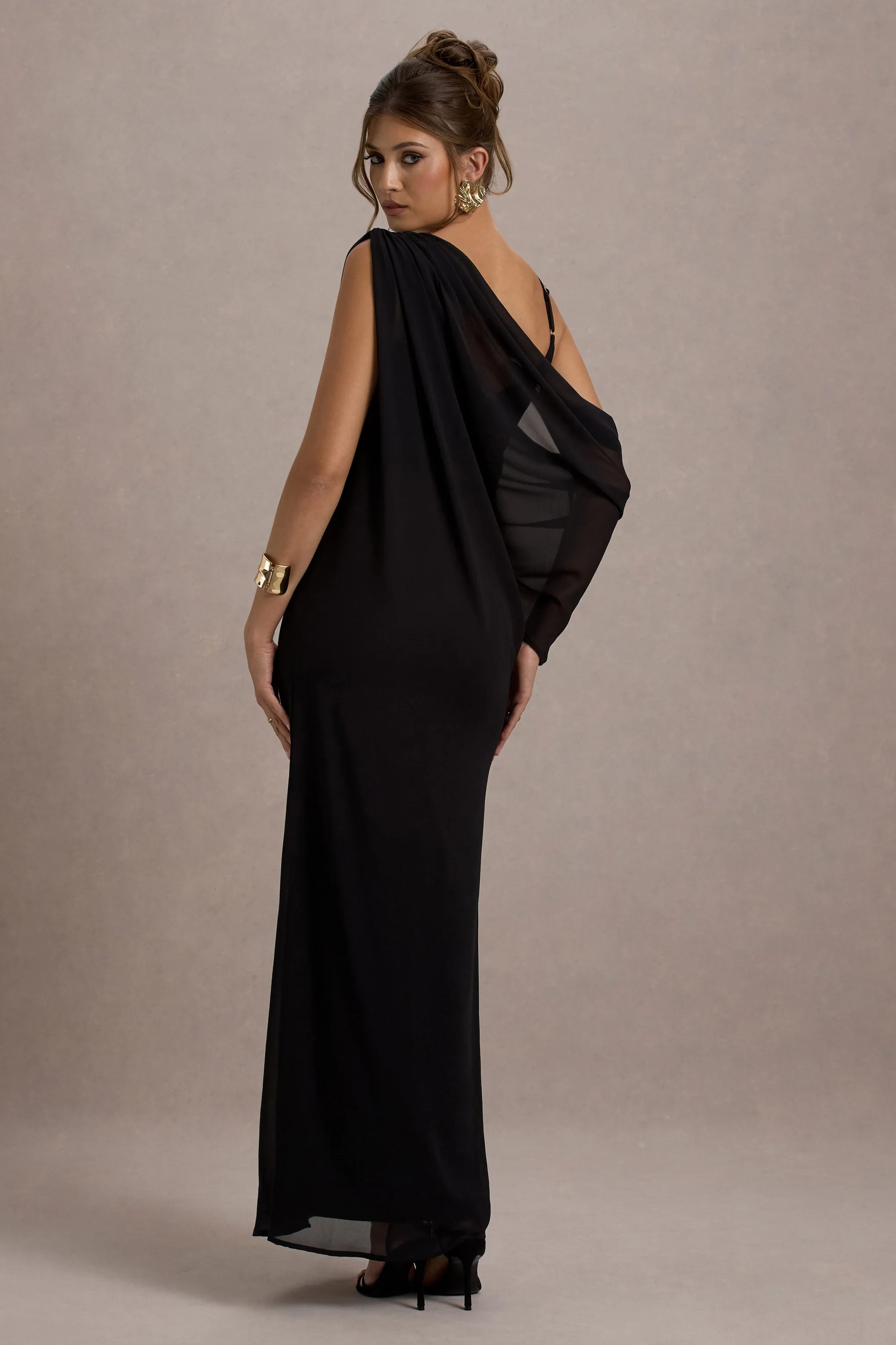Aeliana | Black Strappy V-Neck Maxi Dress With Chiffon Sash sold by Club L London product image thumbnail 2