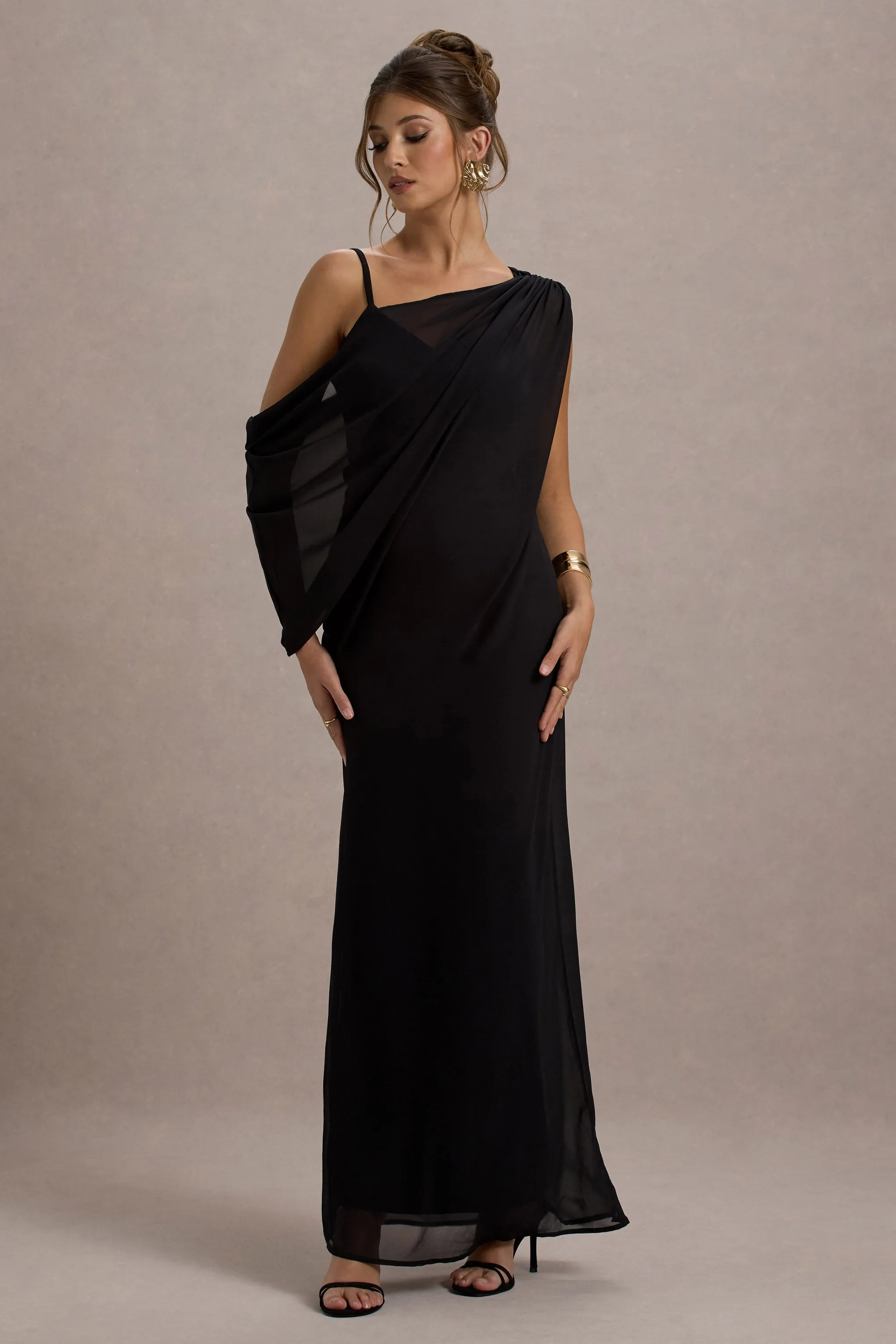 Aeliana | Black Strappy V-Neck Maxi Dress With Chiffon Sash sold by Club L London