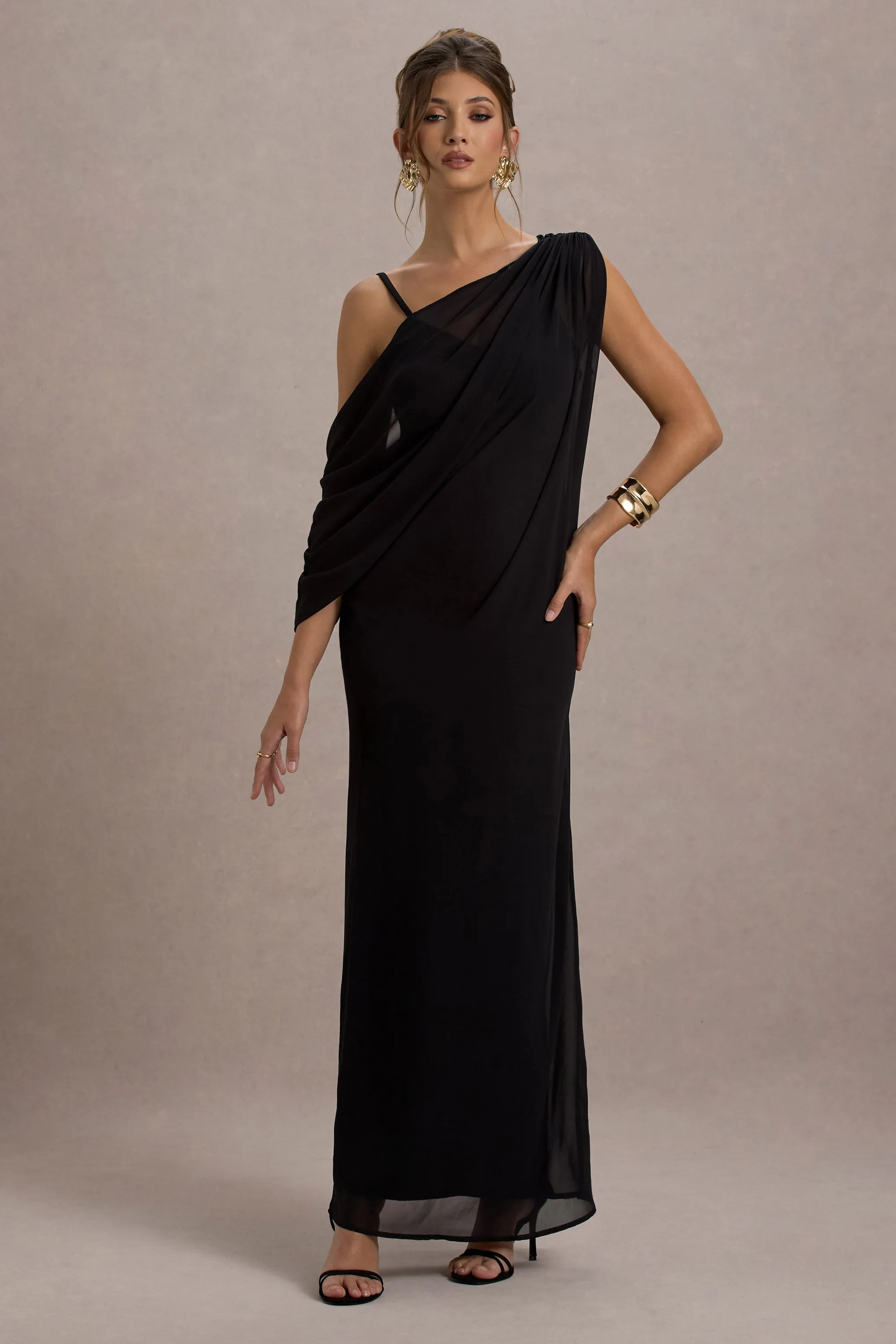 Aeliana | Black Strappy V-Neck Maxi Dress With Chiffon Sash sold by Club L London product image thumbnail 4