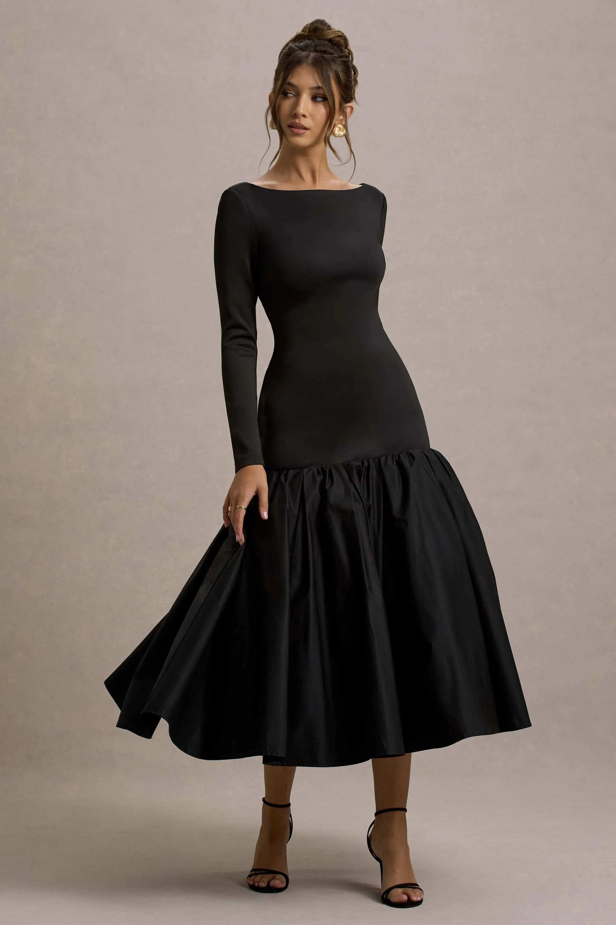Perpetua | Black Drop-Waist Midi Dress With Volume Skirt sold by Club L London product image thumbnail 4