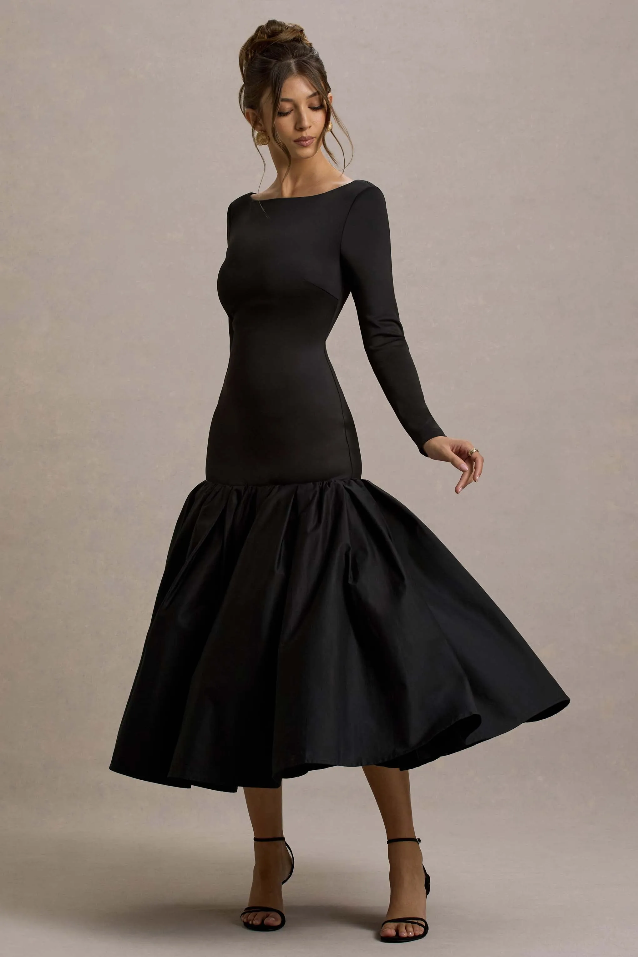 Perpetua | Black Drop-Waist Midi Dress With Volume Skirt sold by Club L London