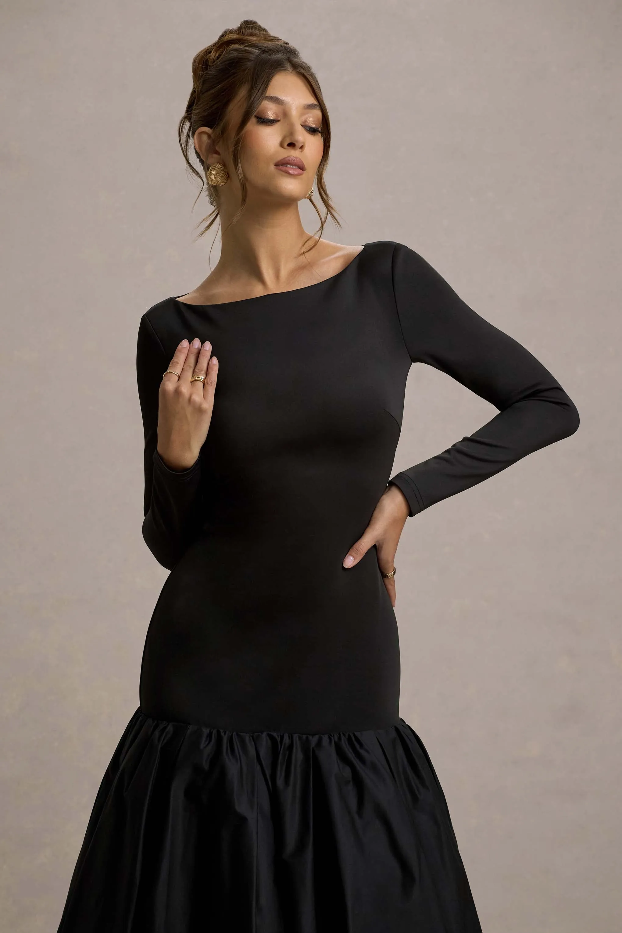 Perpetua | Black Drop-Waist Midi Dress With Volume Skirt sold by Club L London product image thumbnail 3