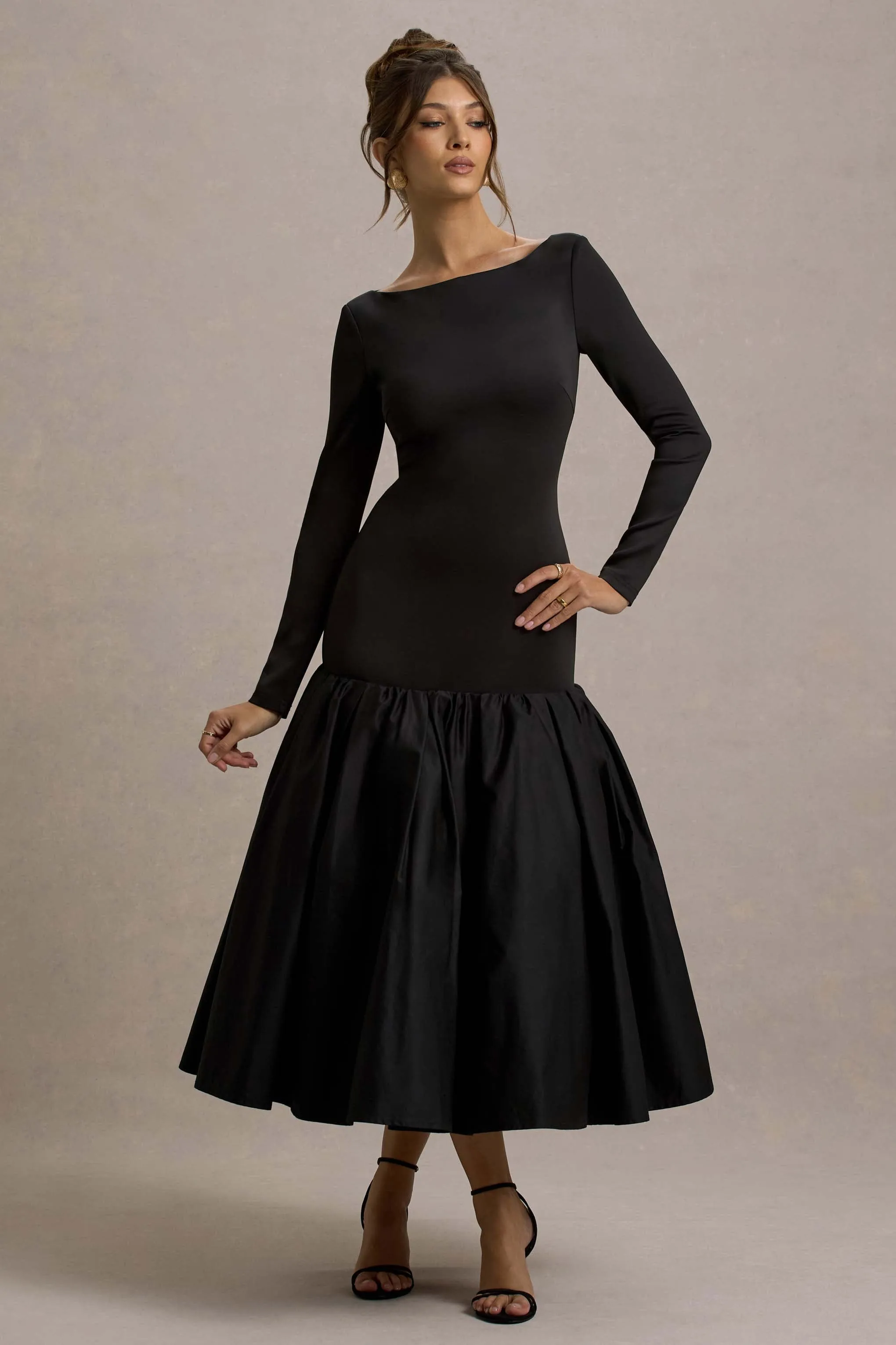 Perpetua | Black Drop-Waist Midi Dress With Volume Skirt sold by Club L London product image thumbnail 5