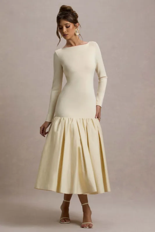 Perpetua | Cream Drop-Waist Midi Dress With Volume Skirt sold by Club L London