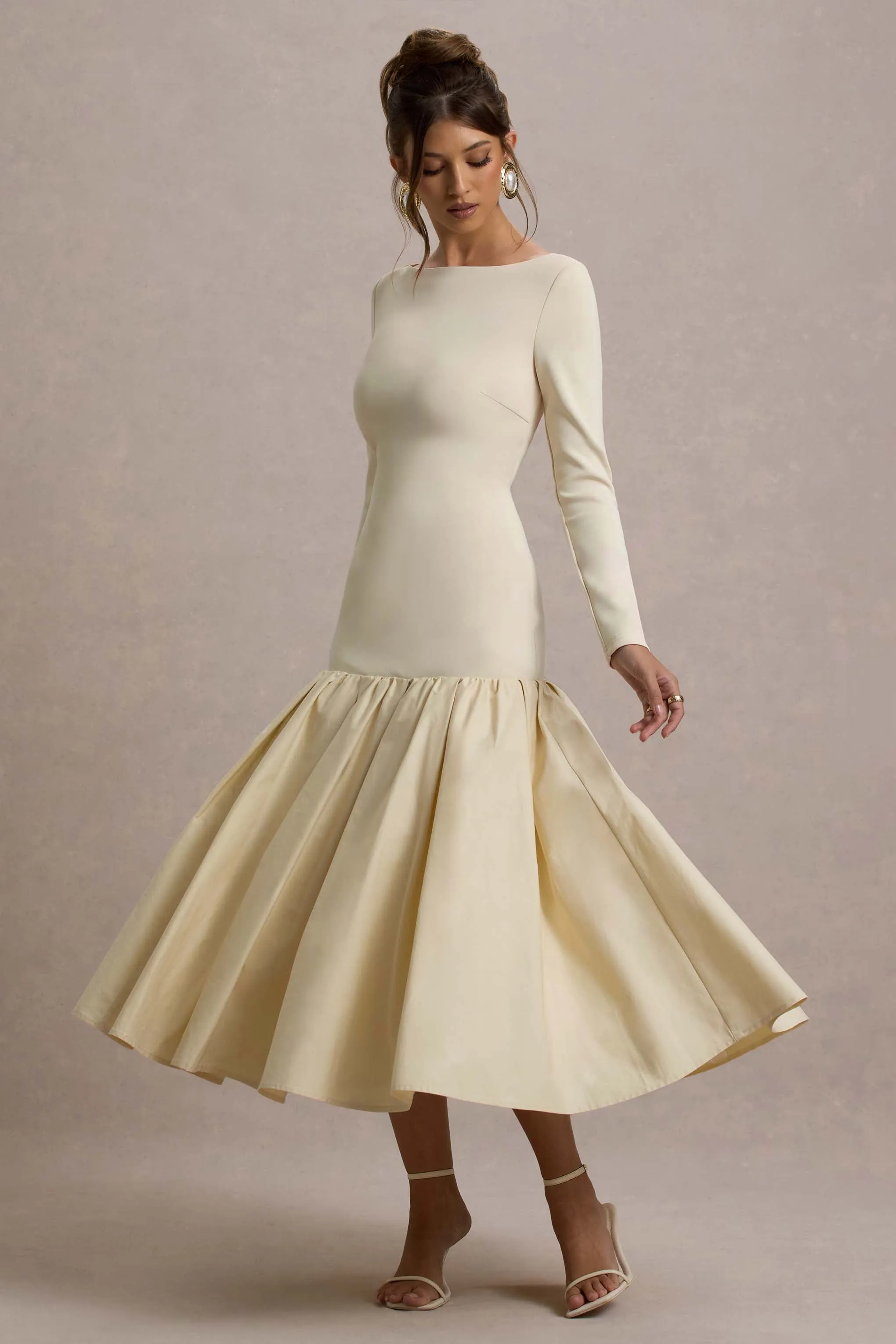 Perpetua | Cream Drop-Waist Midi Dress With Volume Skirt sold by Club L London product image thumbnail 5