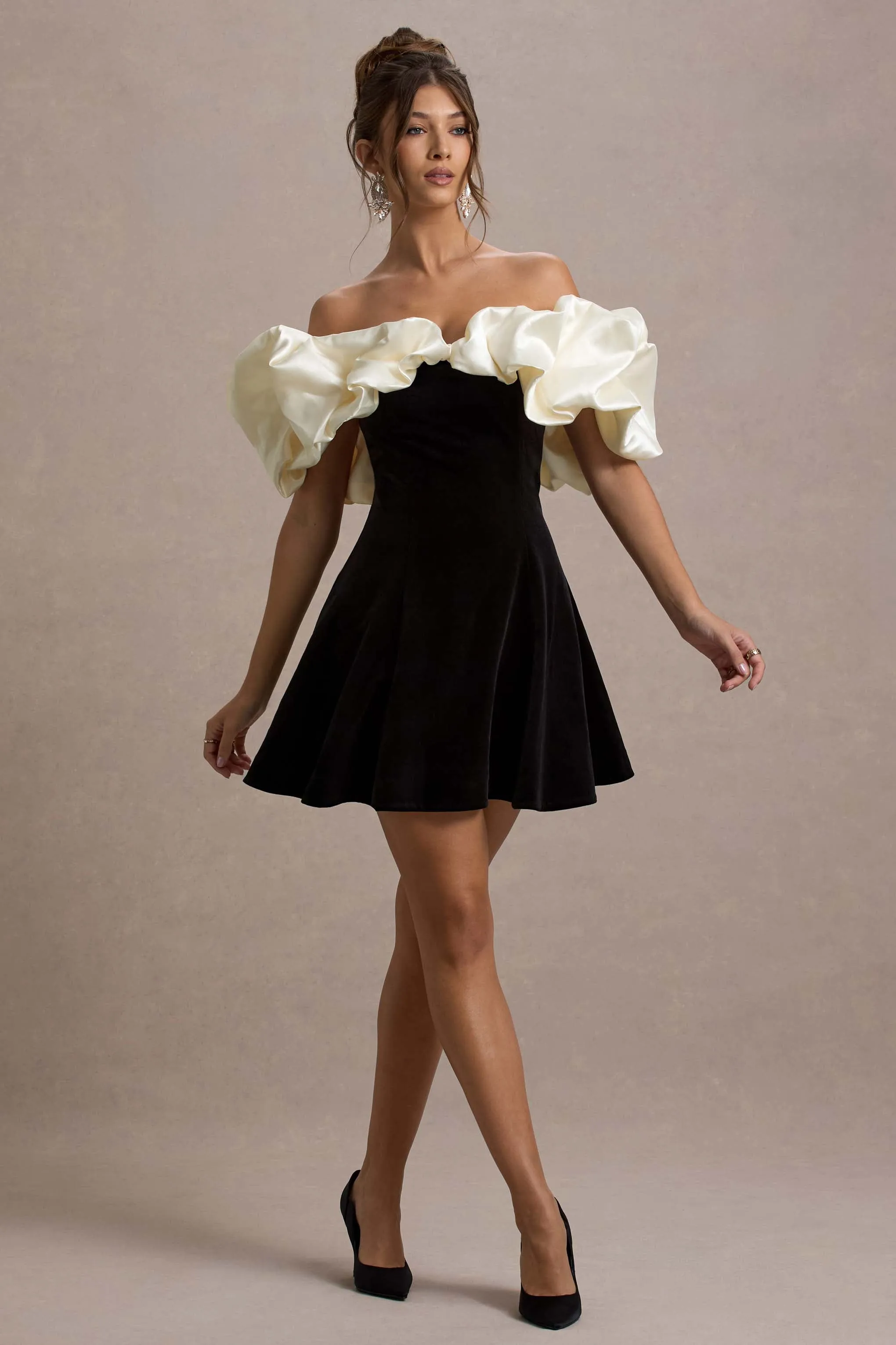 Brynne | Black & Cream Velvet Mini Dress With Satin Puff Sleeves sold by Club L London