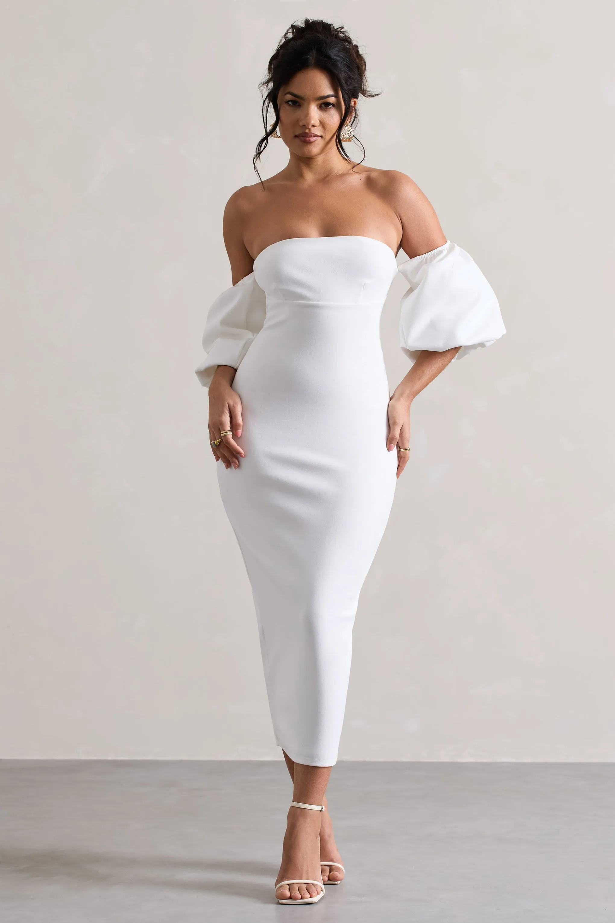 Keira | White Bardot Puff-Sleeve Midi Dress sold by Club L London product image thumbnail 4