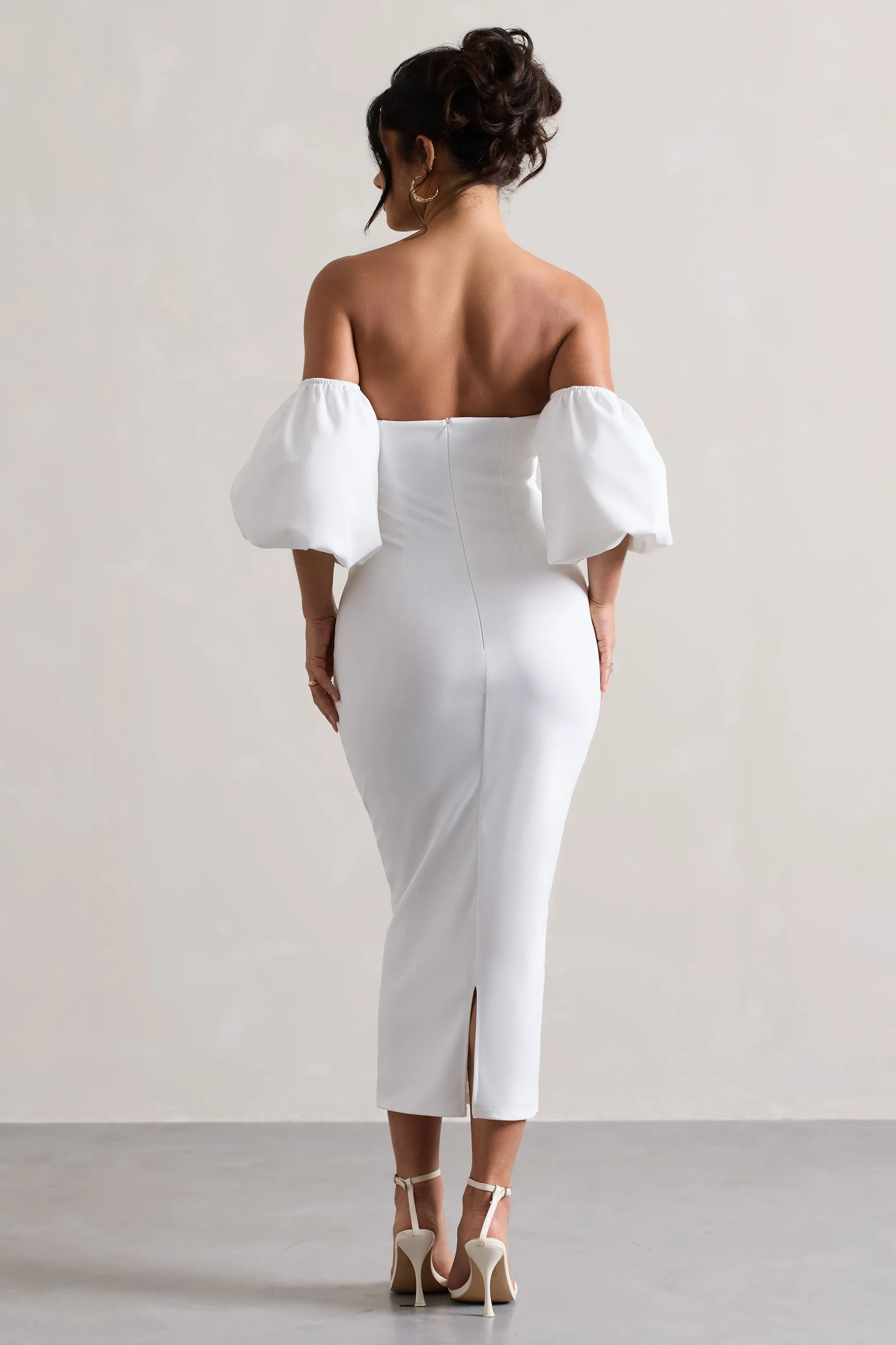 Keira | White Bardot Puff-Sleeve Midi Dress sold by Club L London product image thumbnail 2