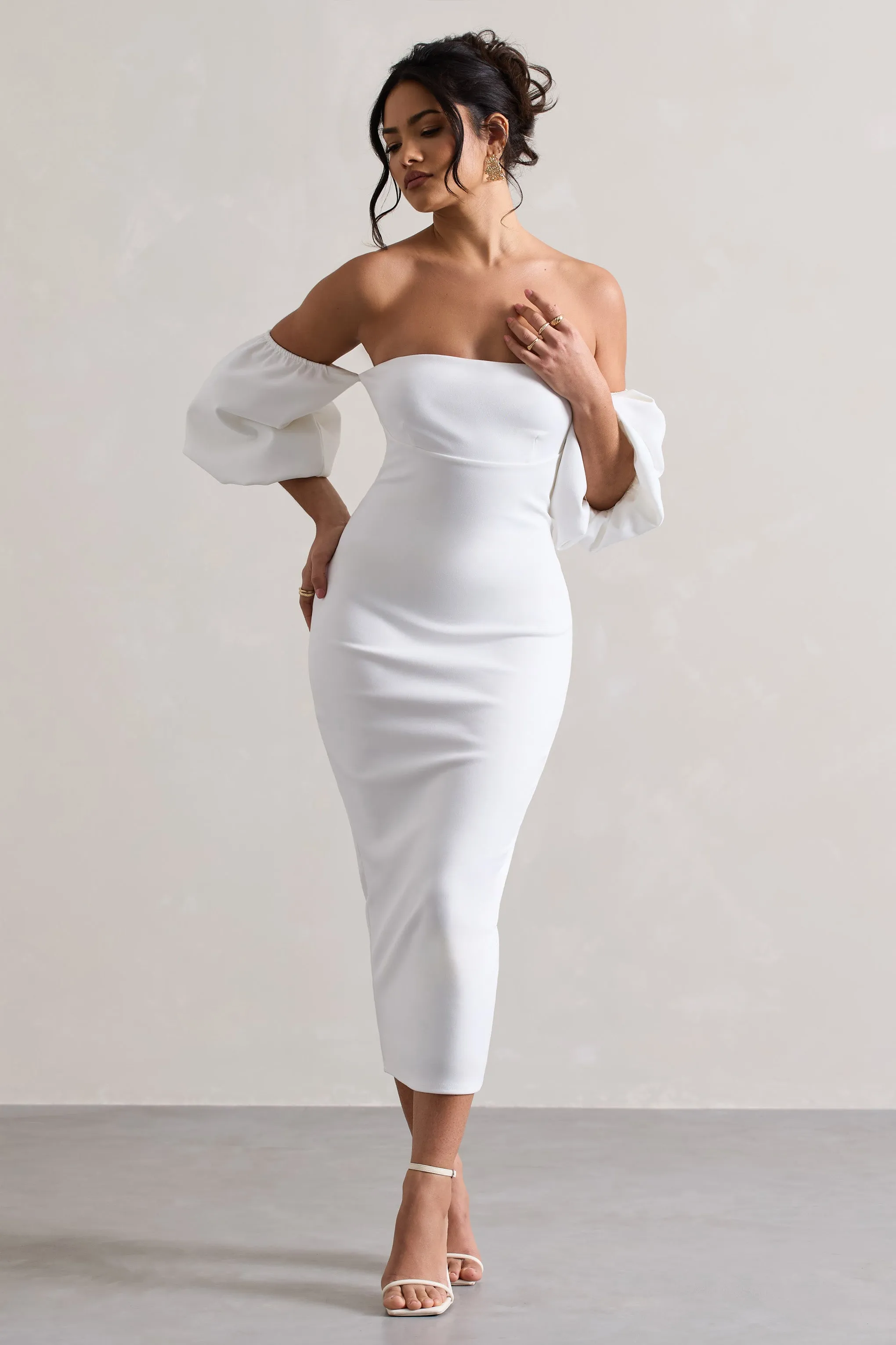 white ribbed long sleeve bardot ruched bodycon dress Siren Dress