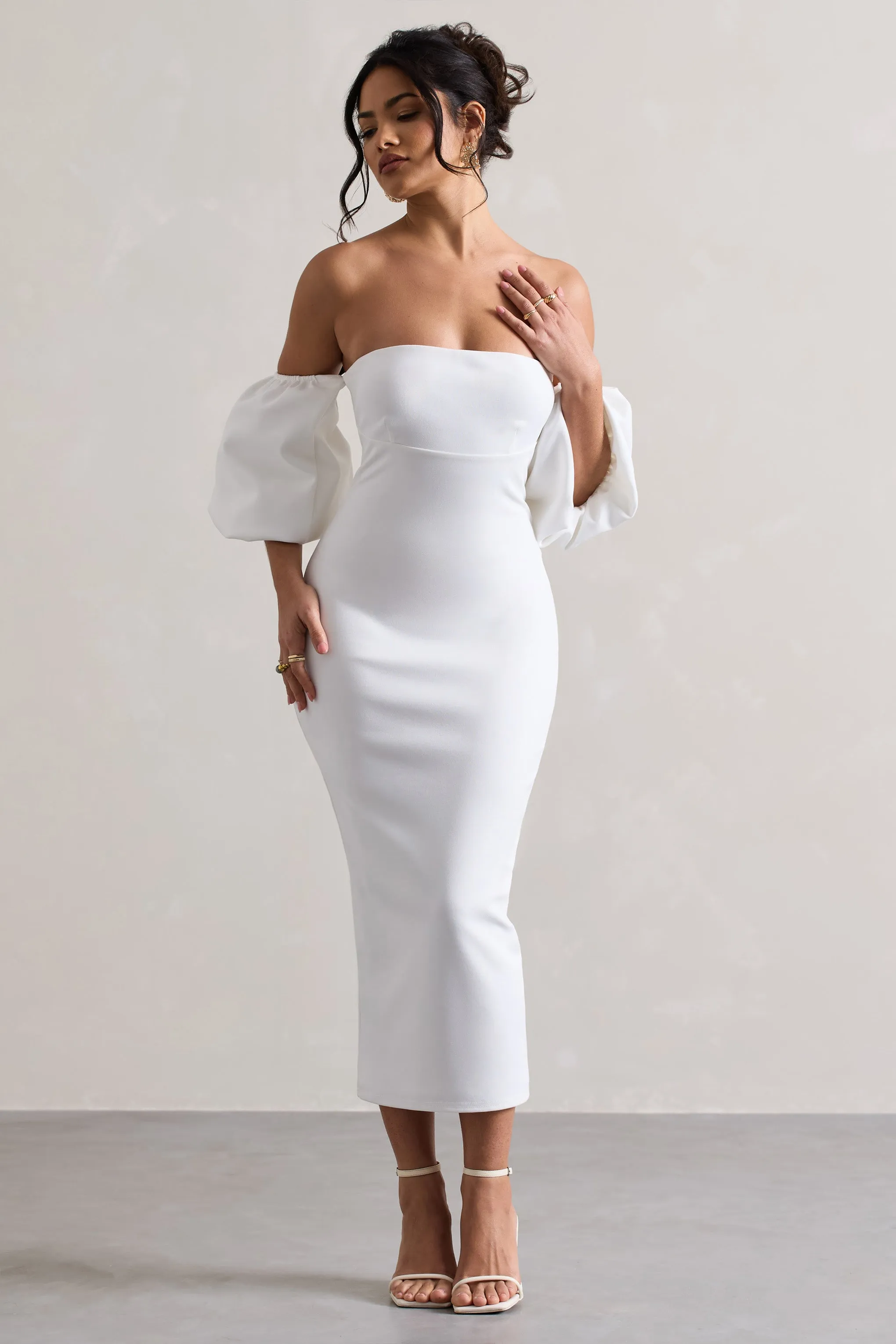 Keira | White Bardot Puff-Sleeve Midi Dress sold by Club L London product image thumbnail 5