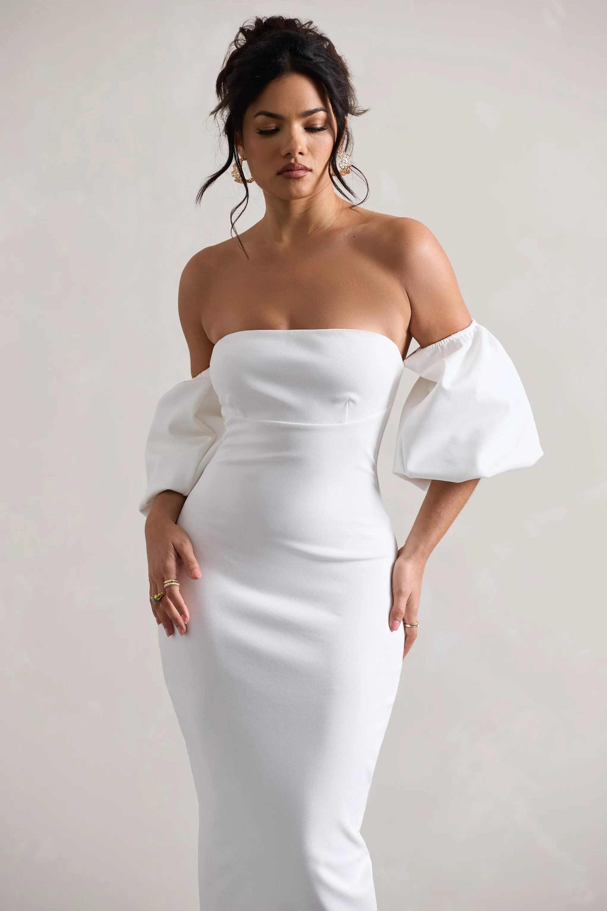 Keira | White Bardot Puff-Sleeve Midi Dress sold by Club L London product image thumbnail 3