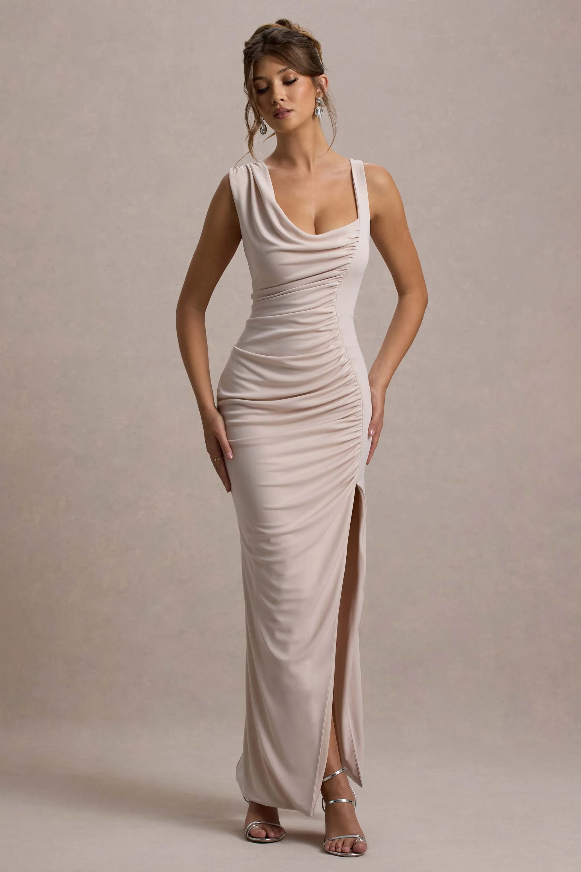 Analissa | Champagne Asymmetric Draped Maxi Dress With Split sold by Club L London