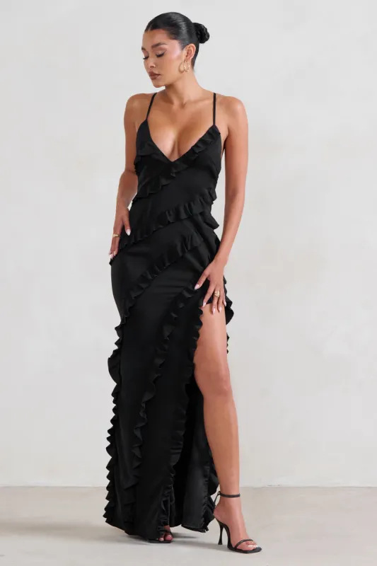 Run The World | Black Sweetheart Neckline Ruffle Maxi Dress sold by Club L London