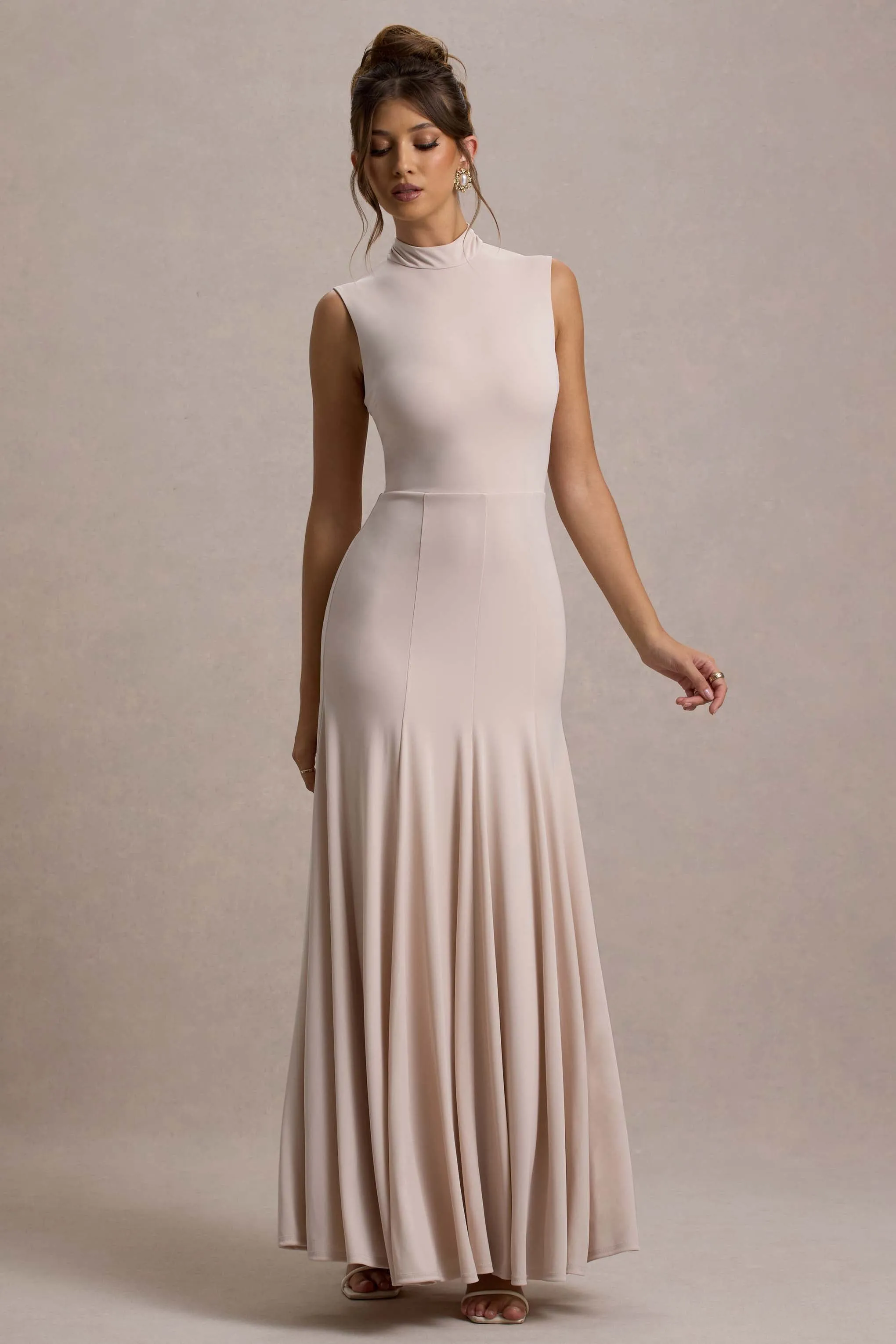 Ulani | Champagne High-Neck Maxi Dress With Open Back sold by Club L London