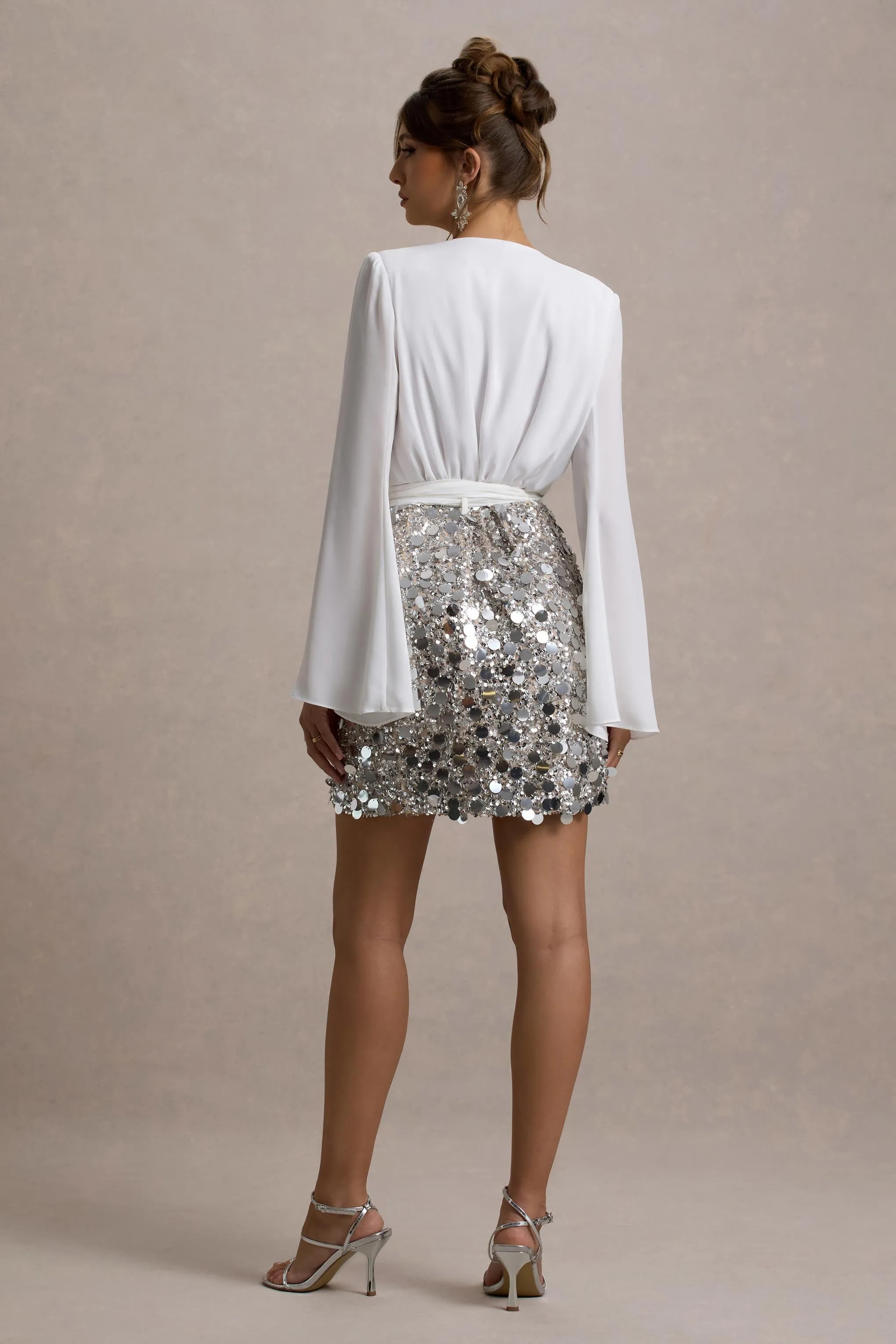 Norah | White Chiffon Plunge-Neck Wrap Mini Dress With Sequin Skirt sold by Club L London product image thumbnail 2
