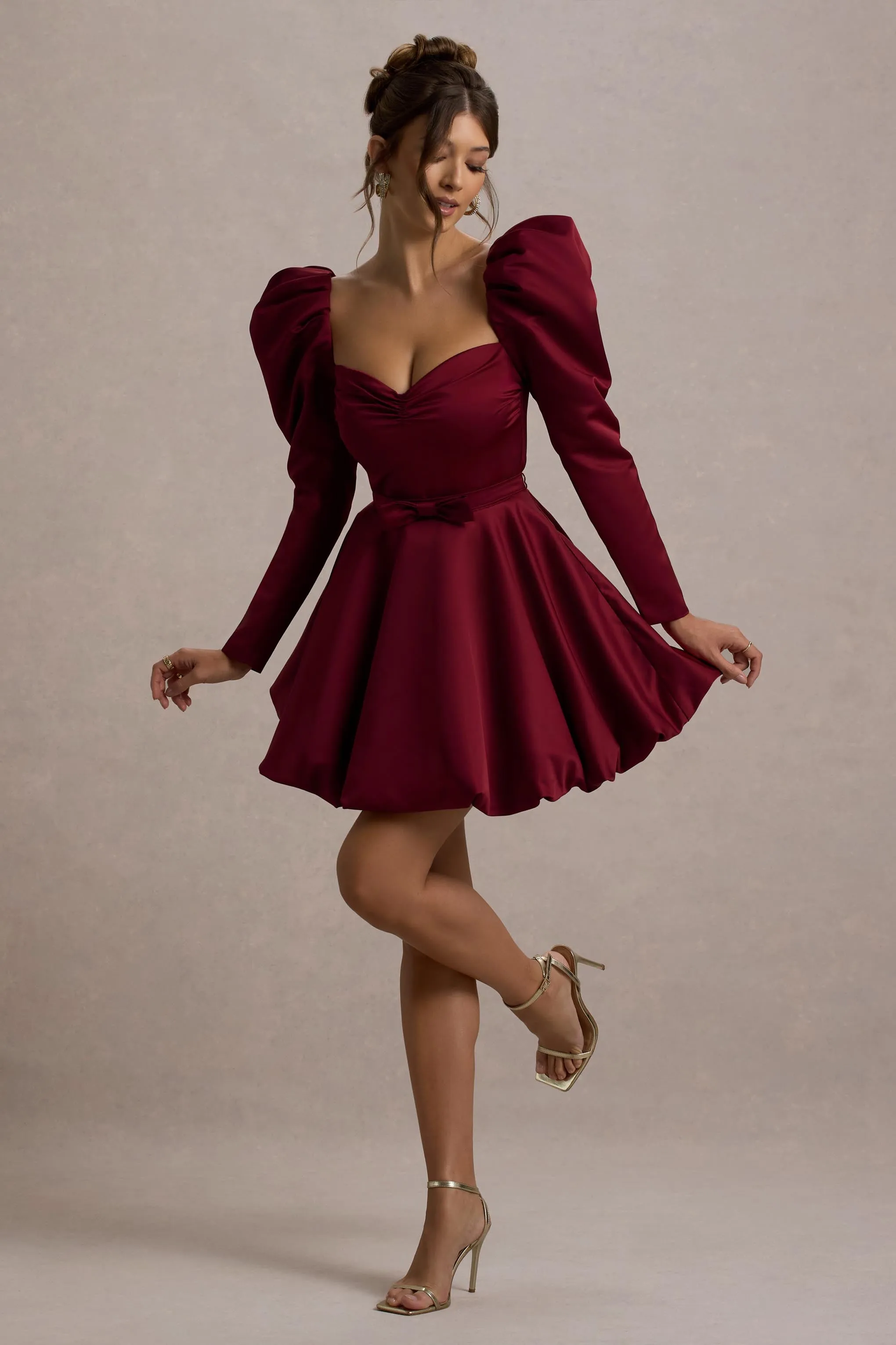 Murphy | Burgundy Satin Belted Mini Dress With Puff Sleeves sold by Club L London product image thumbnail 5