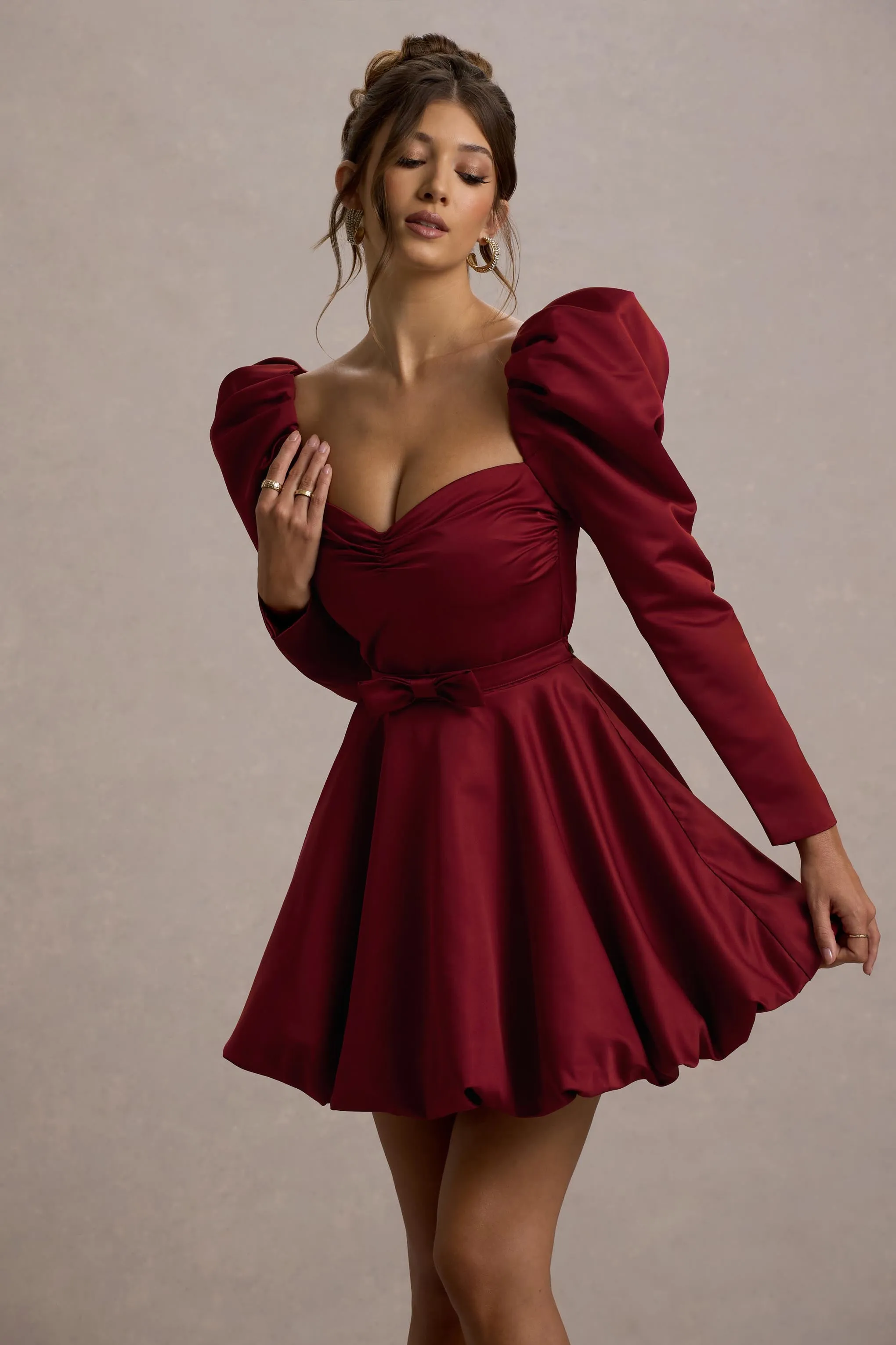 Murphy | Burgundy Satin Belted Mini Dress With Puff Sleeves sold by Club L London